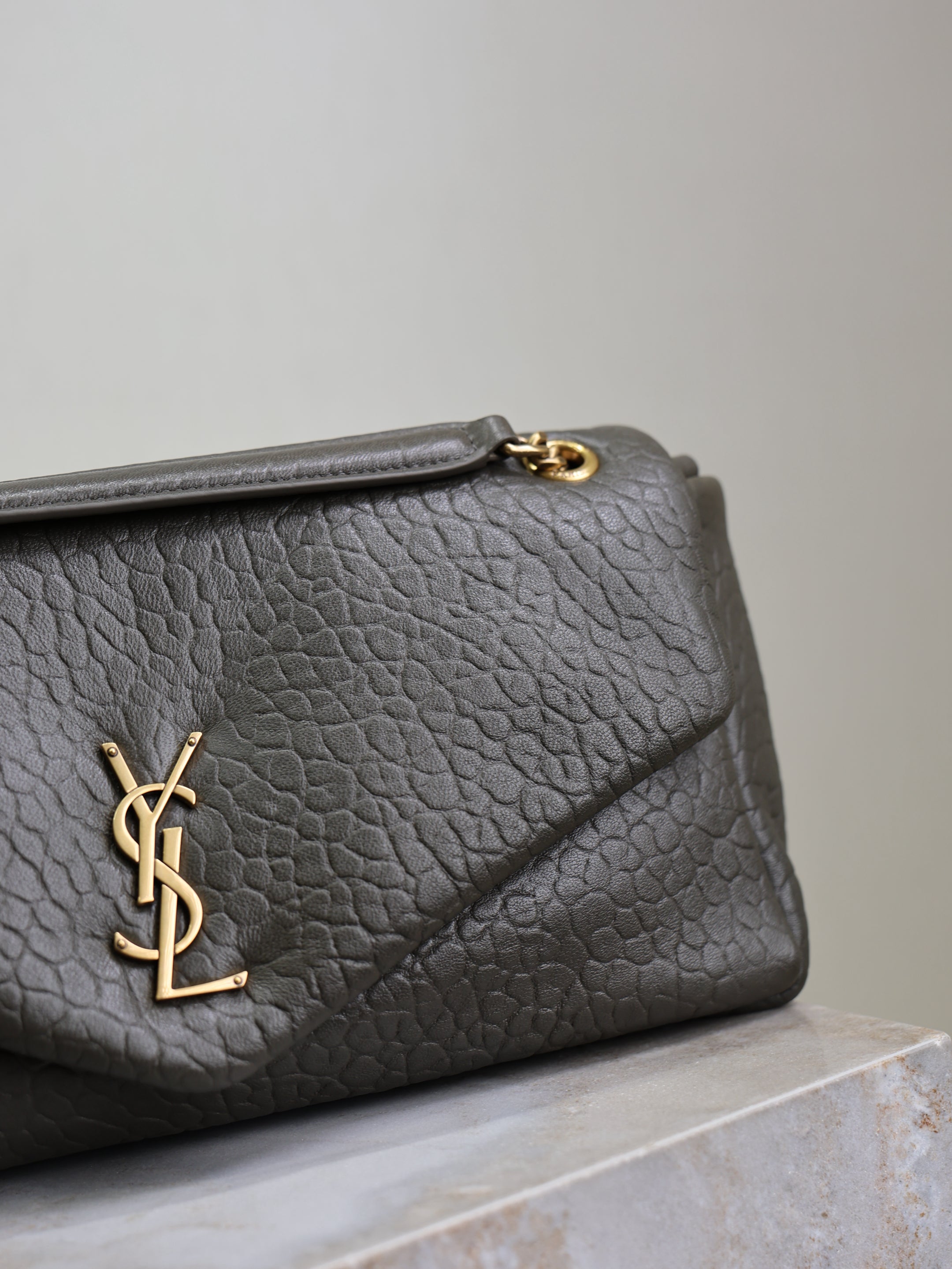 SAINT LAURENT YSL 25S CALYPSO 30 IN DARK OLIVE GRAINED CALFSKIN GOLD HARDWARE