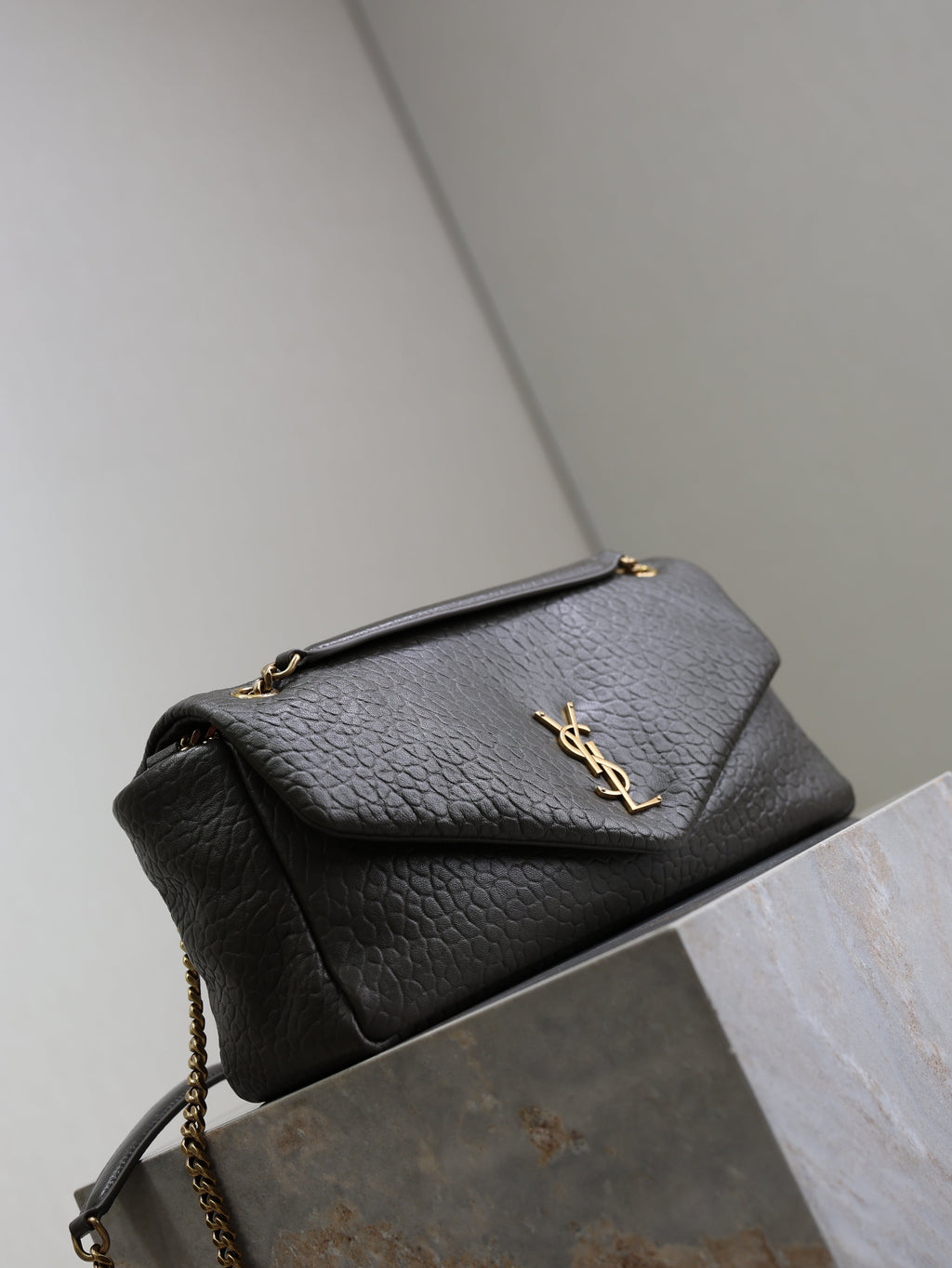 SAINT LAURENT YSL 25S CALYPSO 30 IN DARK OLIVE GRAINED CALFSKIN GOLD HARDWARE