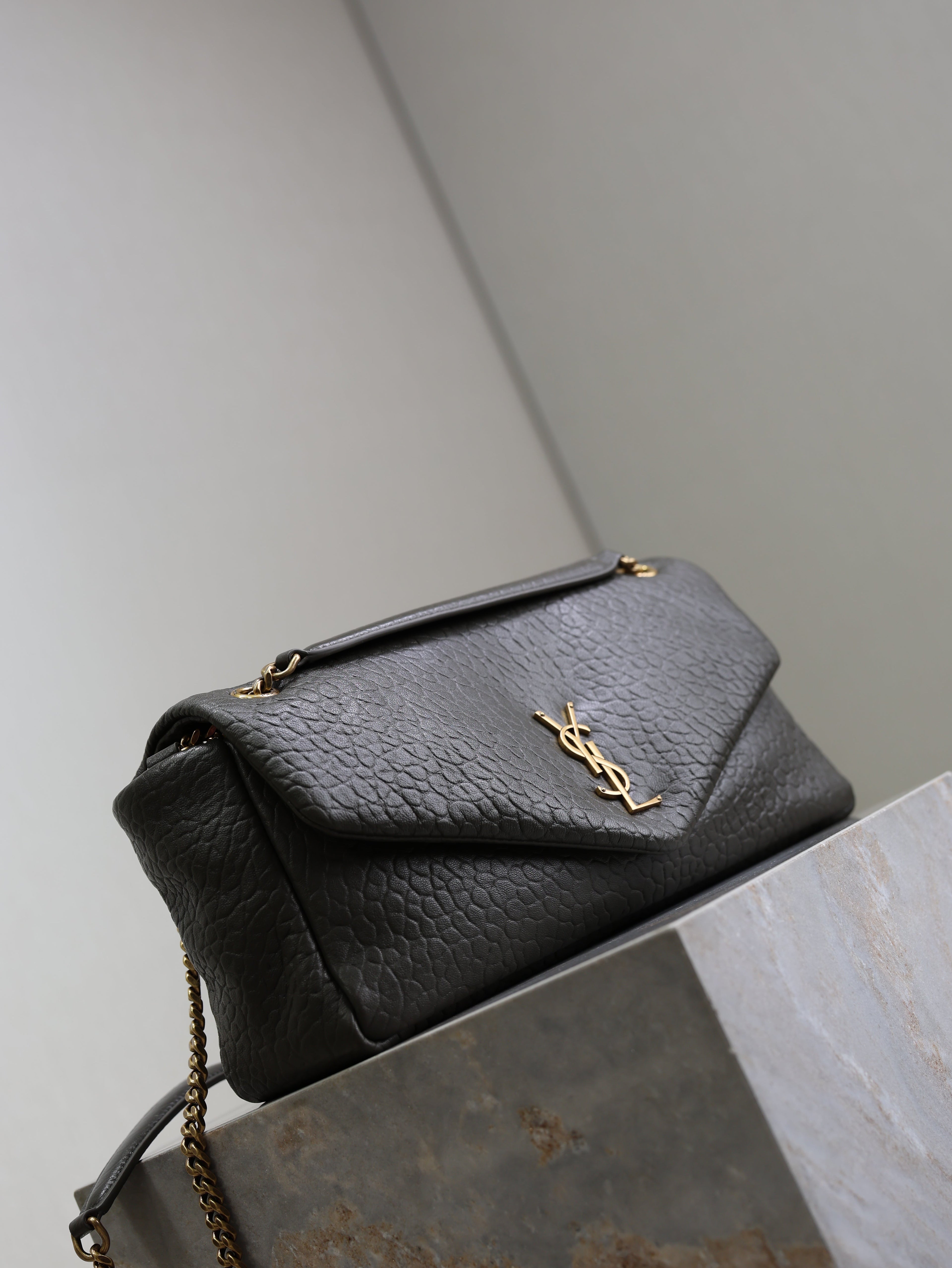 SAINT LAURENT YSL 25S CALYPSO 30 IN DARK OLIVE GRAINED CALFSKIN GOLD HARDWARE