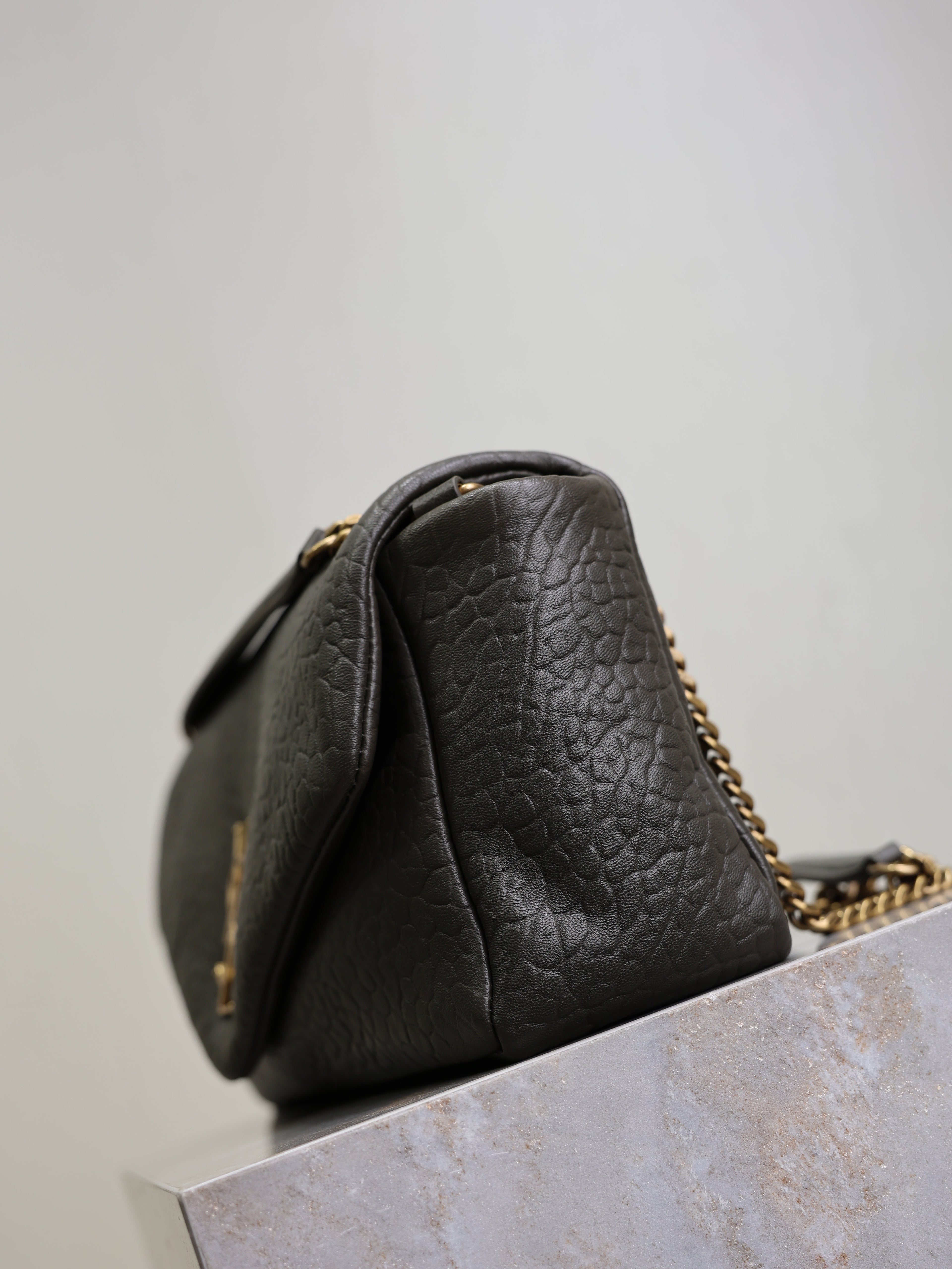 SAINT LAURENT YSL 25S CALYPSO 30 IN DARK OLIVE GRAINED CALFSKIN GOLD HARDWARE