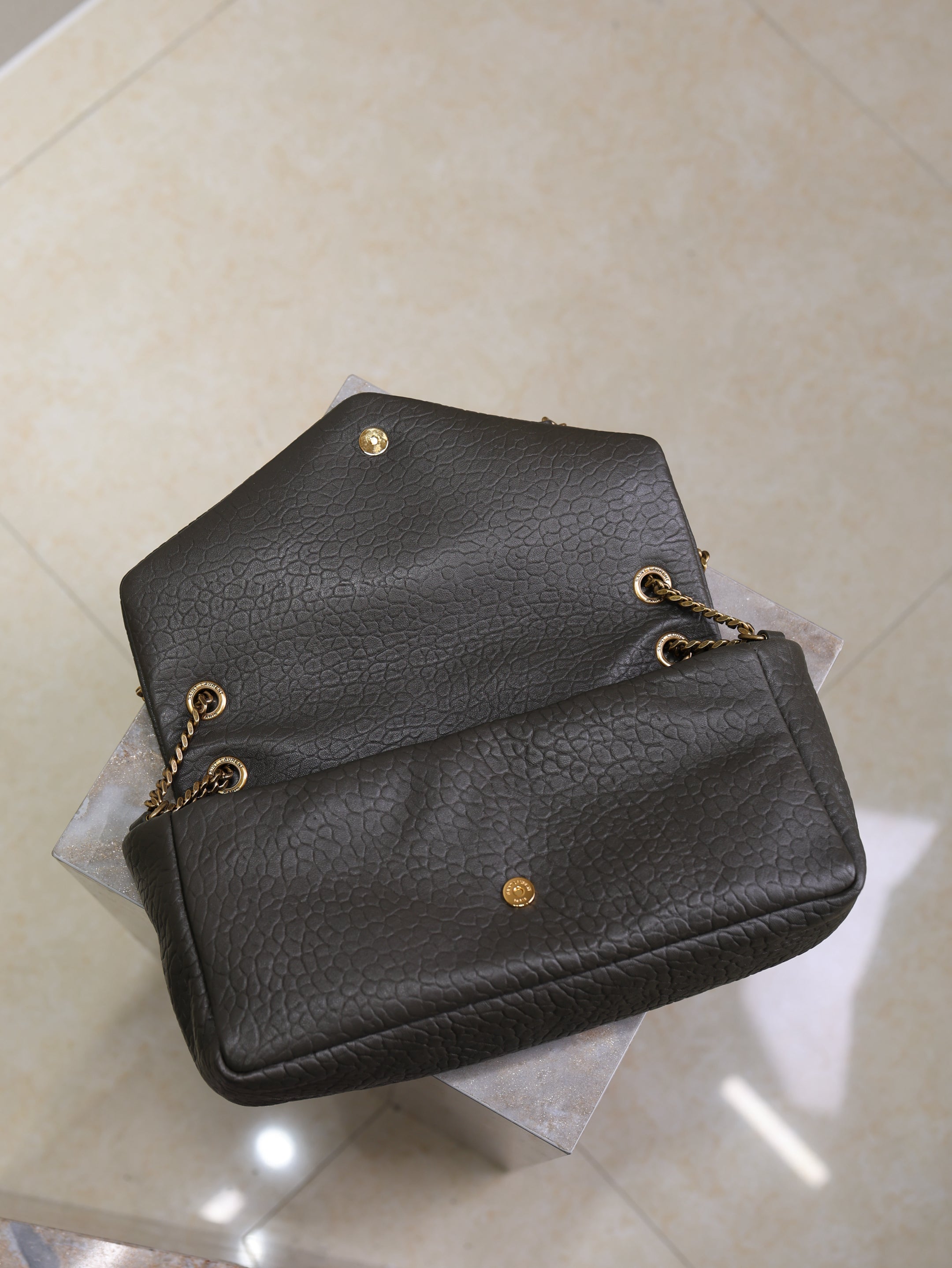 SAINT LAURENT YSL 25S CALYPSO 30 IN DARK OLIVE GRAINED CALFSKIN GOLD HARDWARE