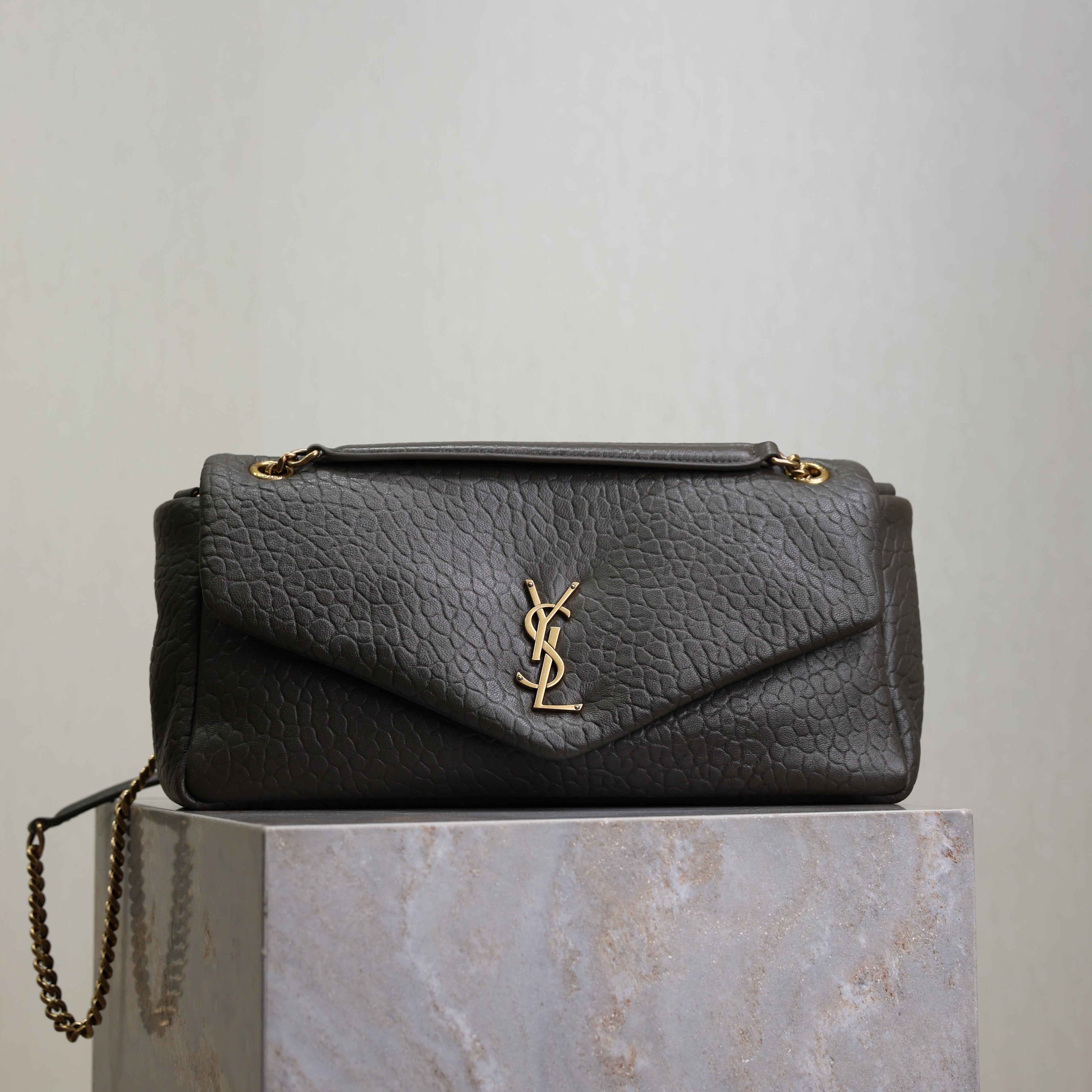 SAINT LAURENT YSL 25S CALYPSO 30 IN DARK OLIVE GRAINED CALFSKIN GOLD HARDWRE