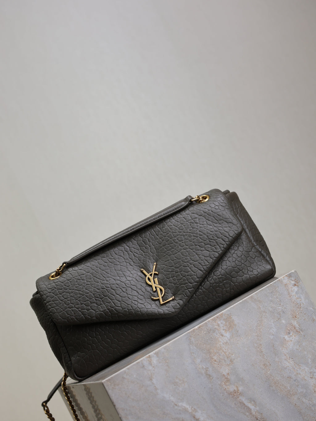 SAINT LAURENT YSL 25S CALYPSO 30 IN DARK OLIVE GRAINED CALFSKIN GOLD HARDWRE