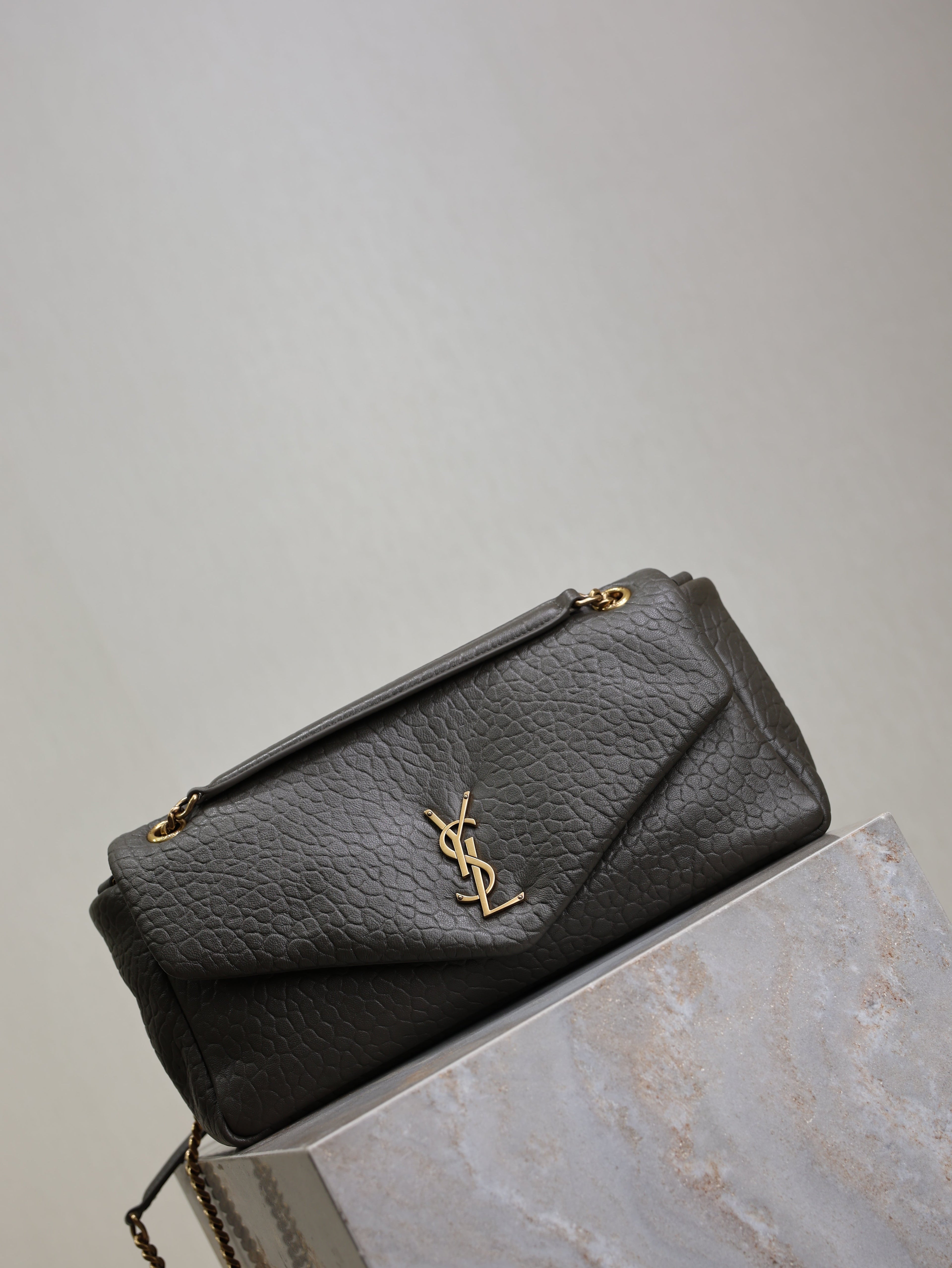SAINT LAURENT YSL 25S CALYPSO 30 IN DARK OLIVE GRAINED CALFSKIN GOLD HARDWARE
