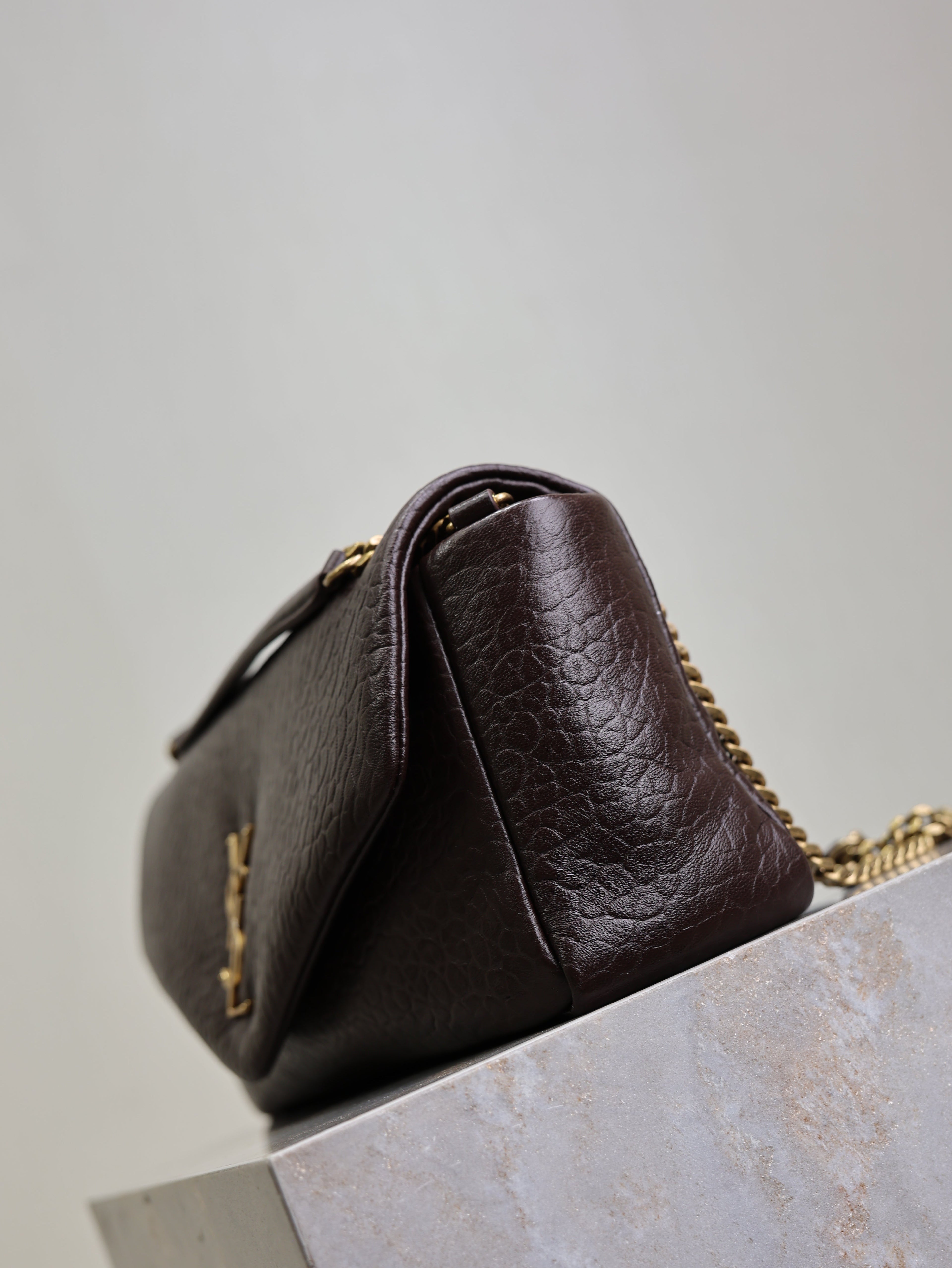 SAINT LAURENT YSL 25S CALYPSO 30 IN DARK CHOCOLATE GRAINED CALFSKIN GOLD HARDWRE