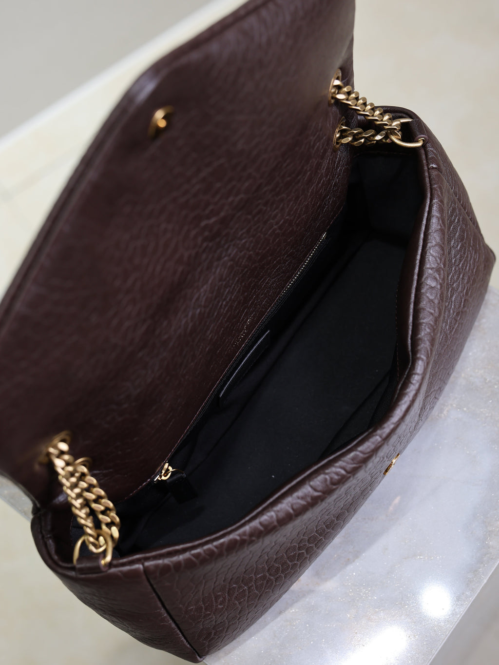 SAINT LAURENT YSL 25S CALYPSO 30 IN DARK CHOCOLATE GRAINED CALFSKIN GOLD HARDWARE