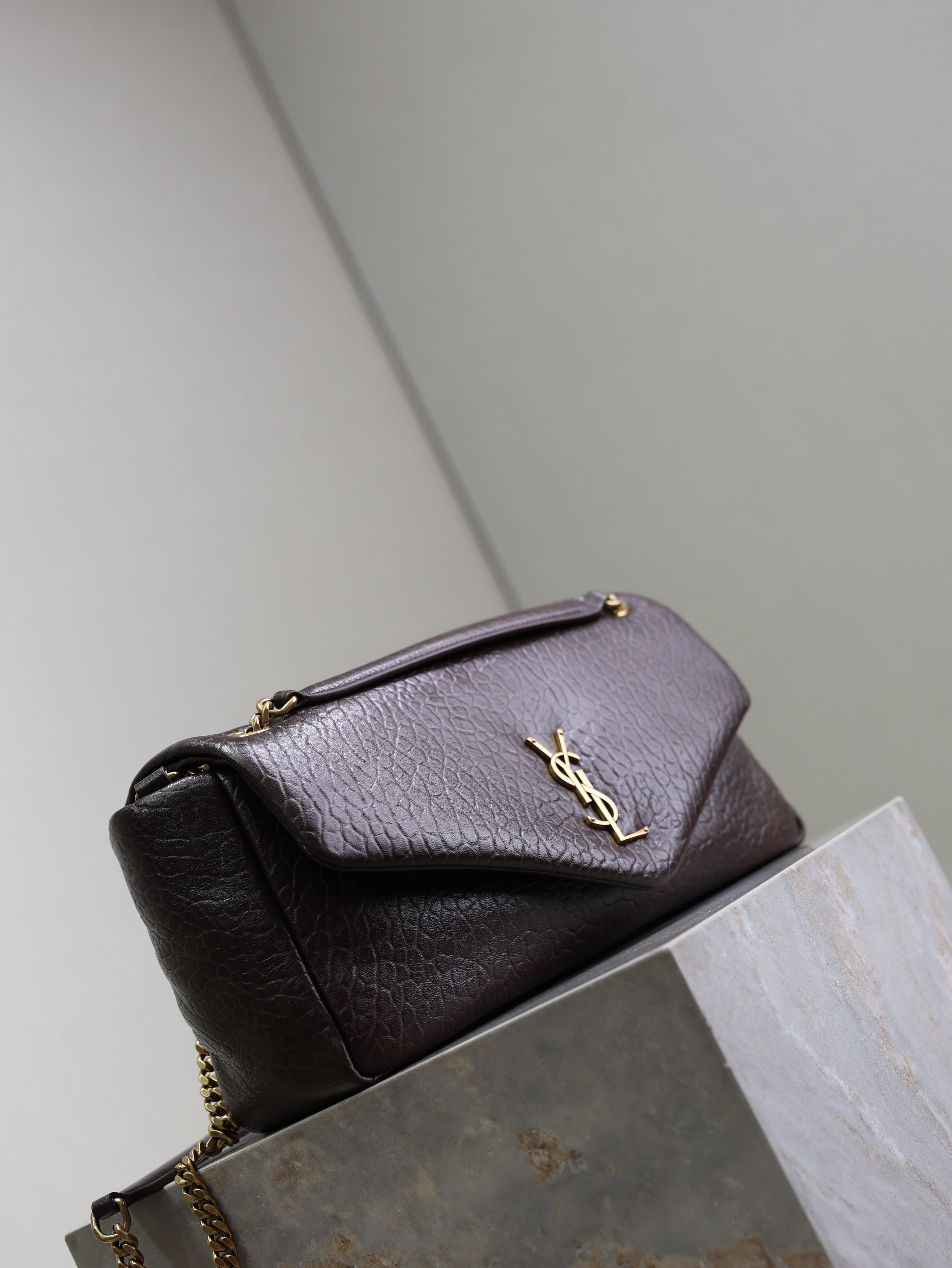 SAINT LAURENT YSL 25S CALYPSO 30 IN DARK CHOCOLATE GRAINED CALFSKIN GOLD HARDWARE