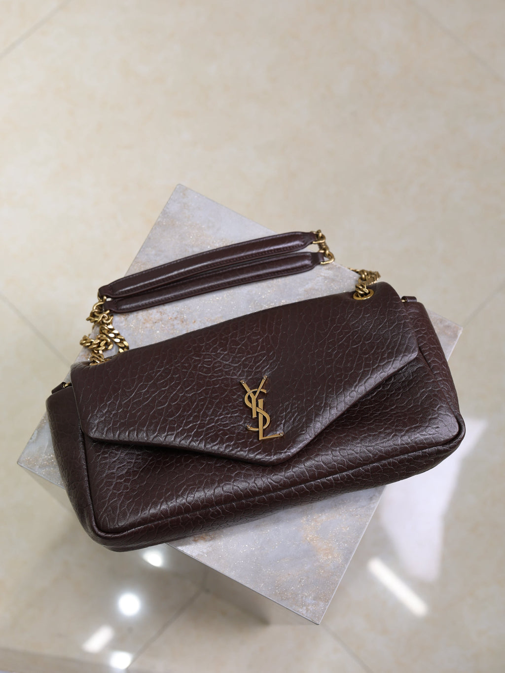 SAINT LAURENT YSL 25S CALYPSO 30 IN DARK CHOCOLATE GRAINED CALFSKIN GOLD HARDWARE