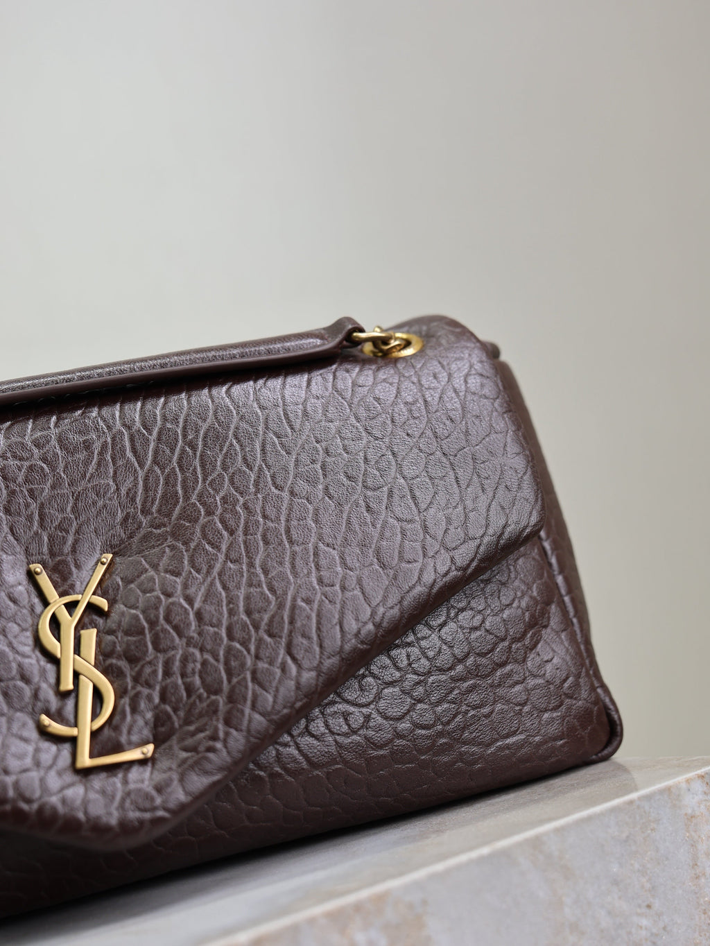 SAINT LAURENT YSL 25S CALYPSO 30 IN DARK CHOCOLATE GRAINED CALFSKIN GOLD HARDWARE