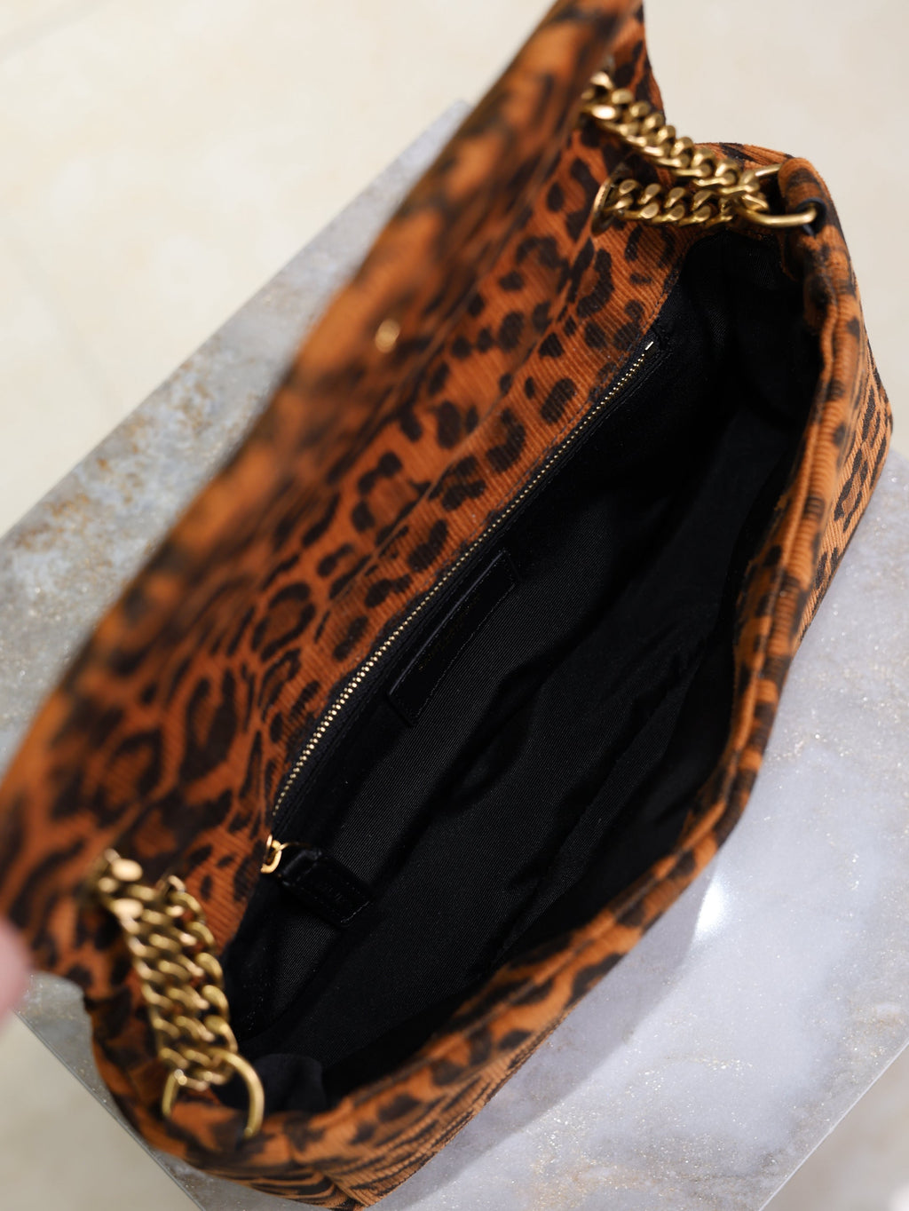 SAINT LAURENT YSL 25S CALYPSO HANDBAG 26 IN BROWN LEOPARD PRINT VELVET GOLD HARDWRE