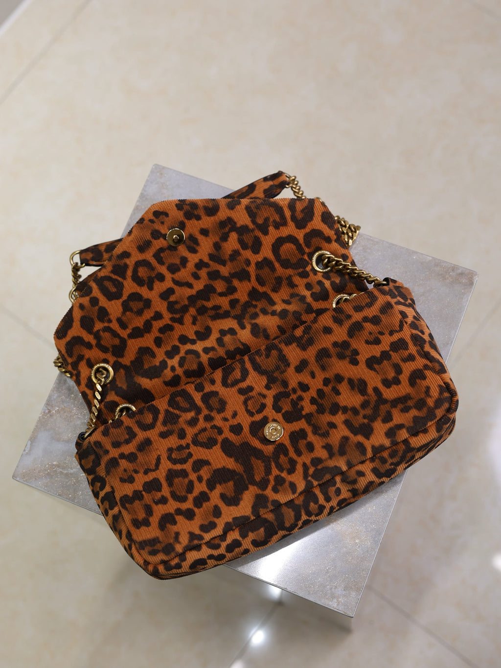 SAINT LAURENT YSL 25S CALYPSO HANDBAG 26 IN BROWN LEOPARD PRINT VELVET GOLD HARDWARE
