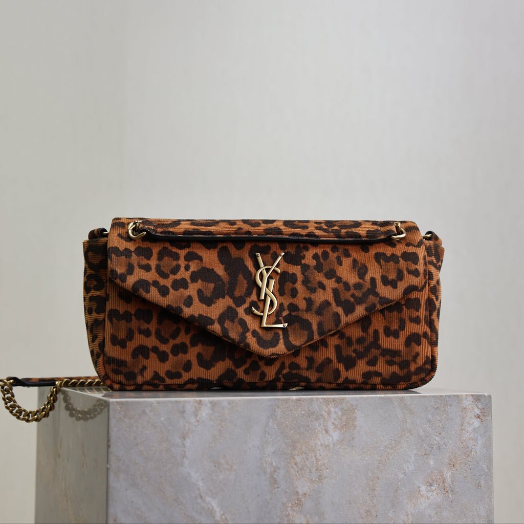 SAINT LAURENT YSL 25S CALYPSO HANDBAG 26 IN BROWN LEOPARD PRINT VELVET GOLD HARDWARE