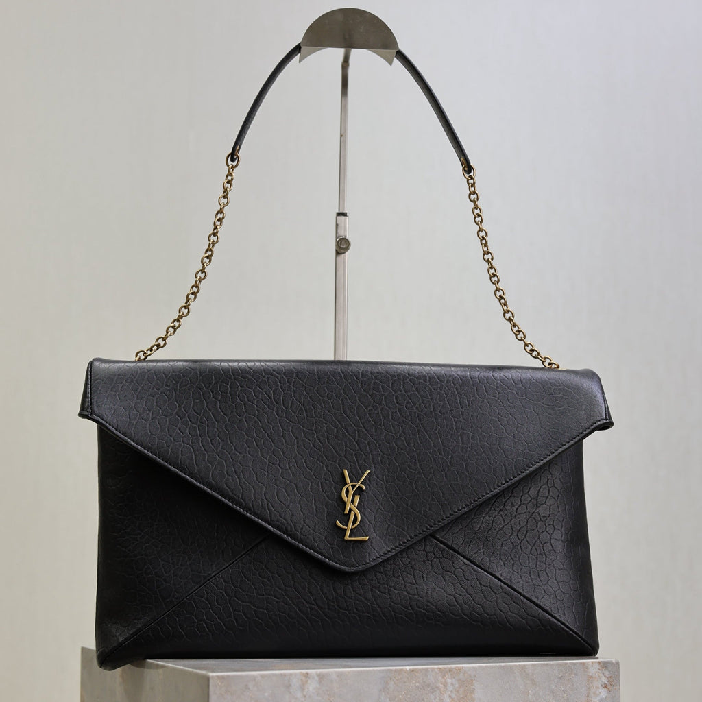 SAINT LAURENT YSL 25S CASSANDRE ENVELOPE MESSENGER 35 IN BLACK LAMBSKIN GOLD HARDWARE