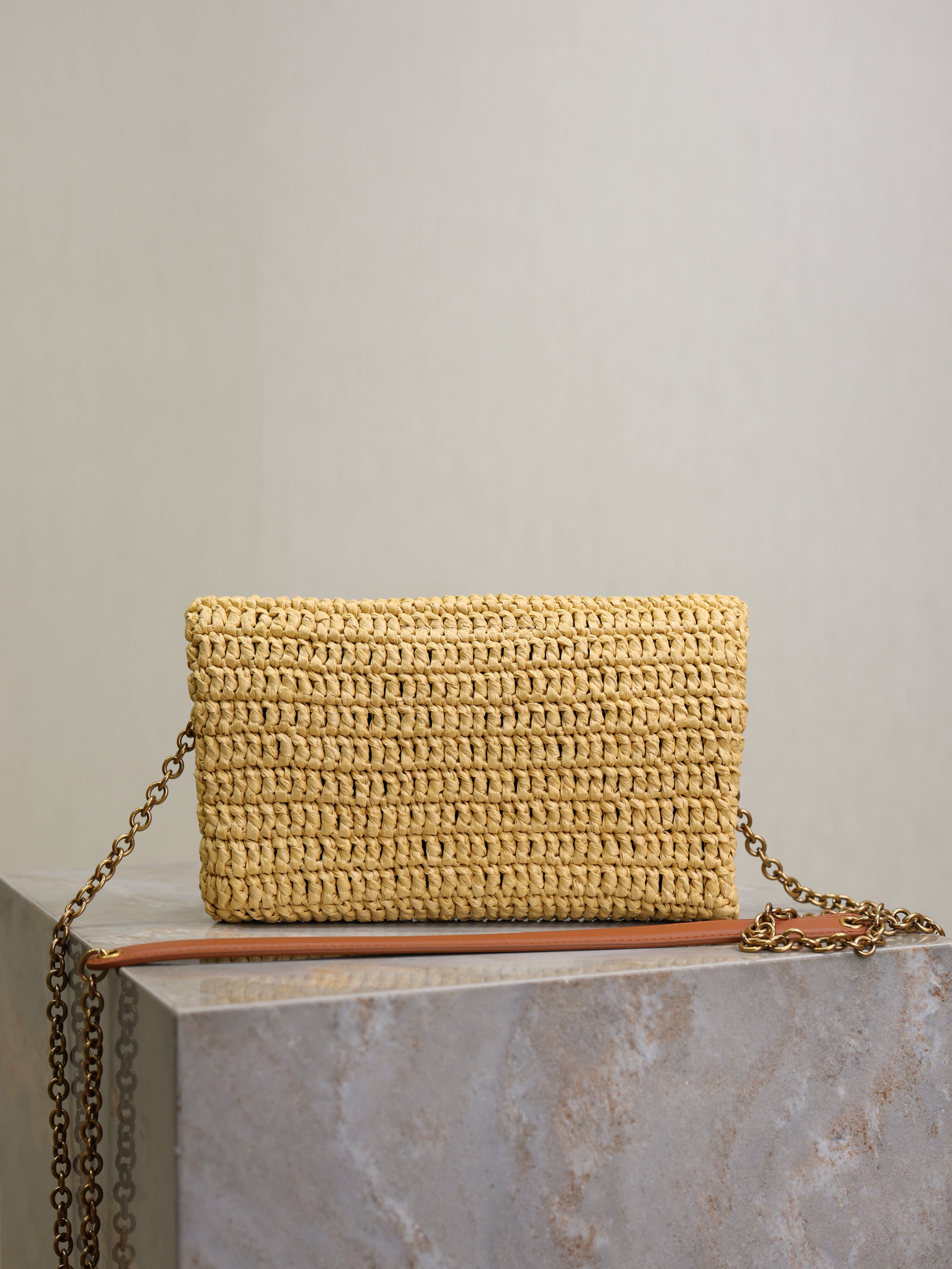 SAINT LAURENT YSL 25S CALYPSO BAG 19 IN NATURAL RAFFIA AND CALFSKIN GOLD HARDWARE