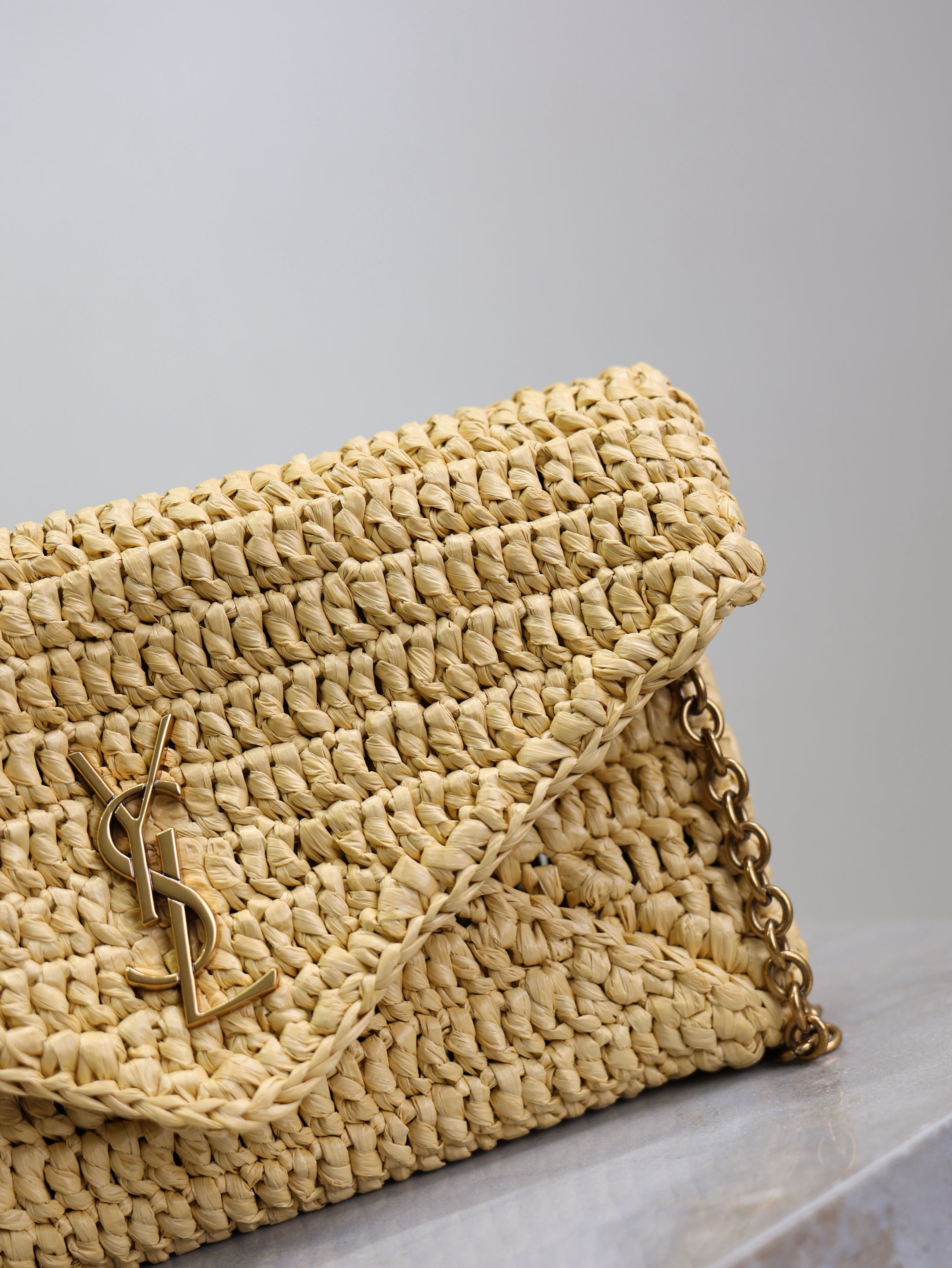 SAINT LAURENT YSL 25S CALYPSO BAG 19 IN NATURAL RAFFIA AND CALFSKIN GOLD HARDWARE
