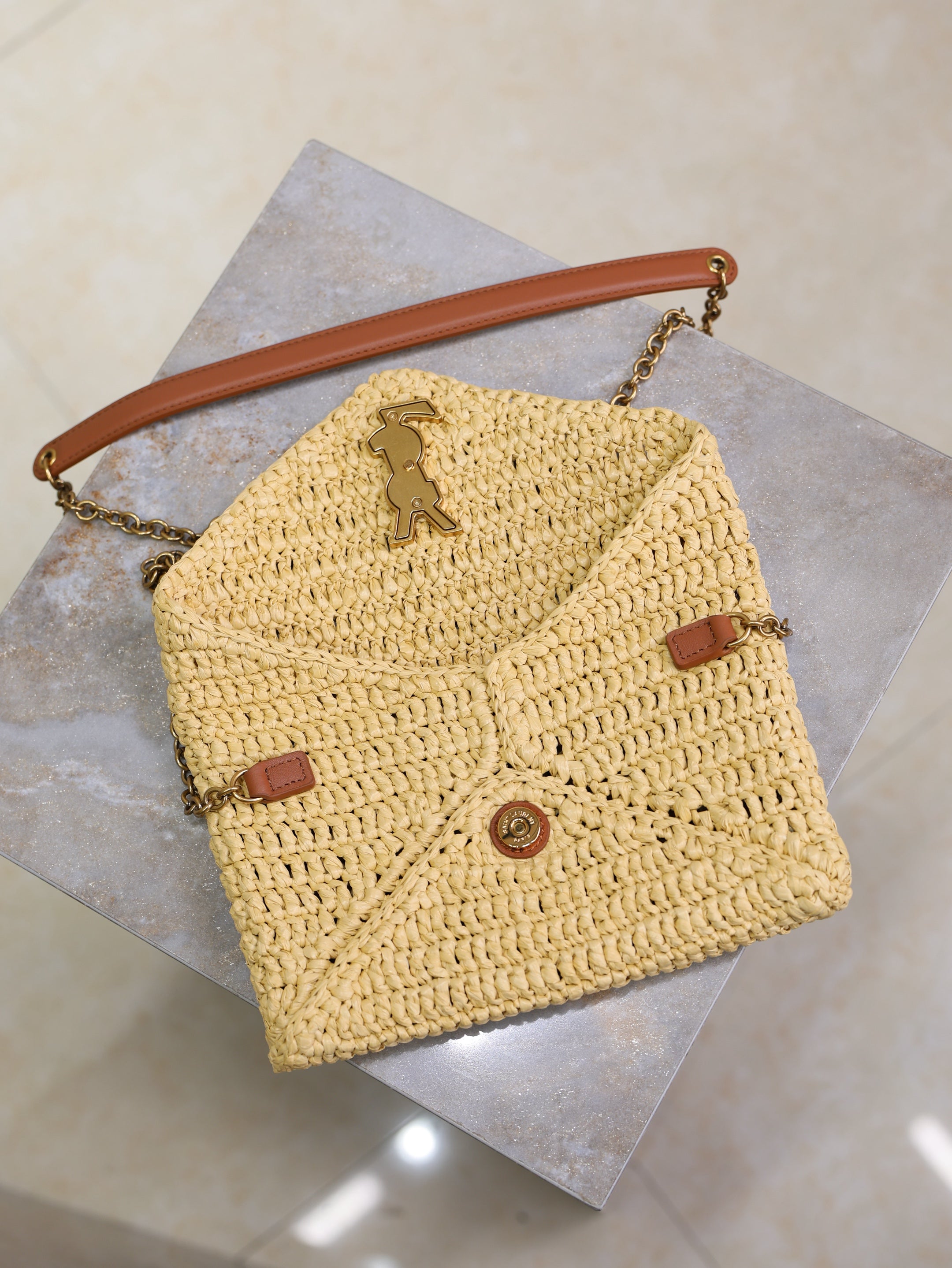 SAINT LAURENT YSL 25S CALYPSO BAG 19 IN NATURAL RAFFIA AND CALFSKIN GOLD HARDWARE