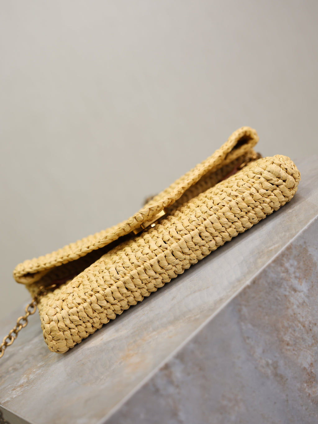 SAINT LAURENT YSL 25S CALYPSO BAG 19 IN NATURAL RAFFIA AND CALFSKIN GOLD HARDWARE