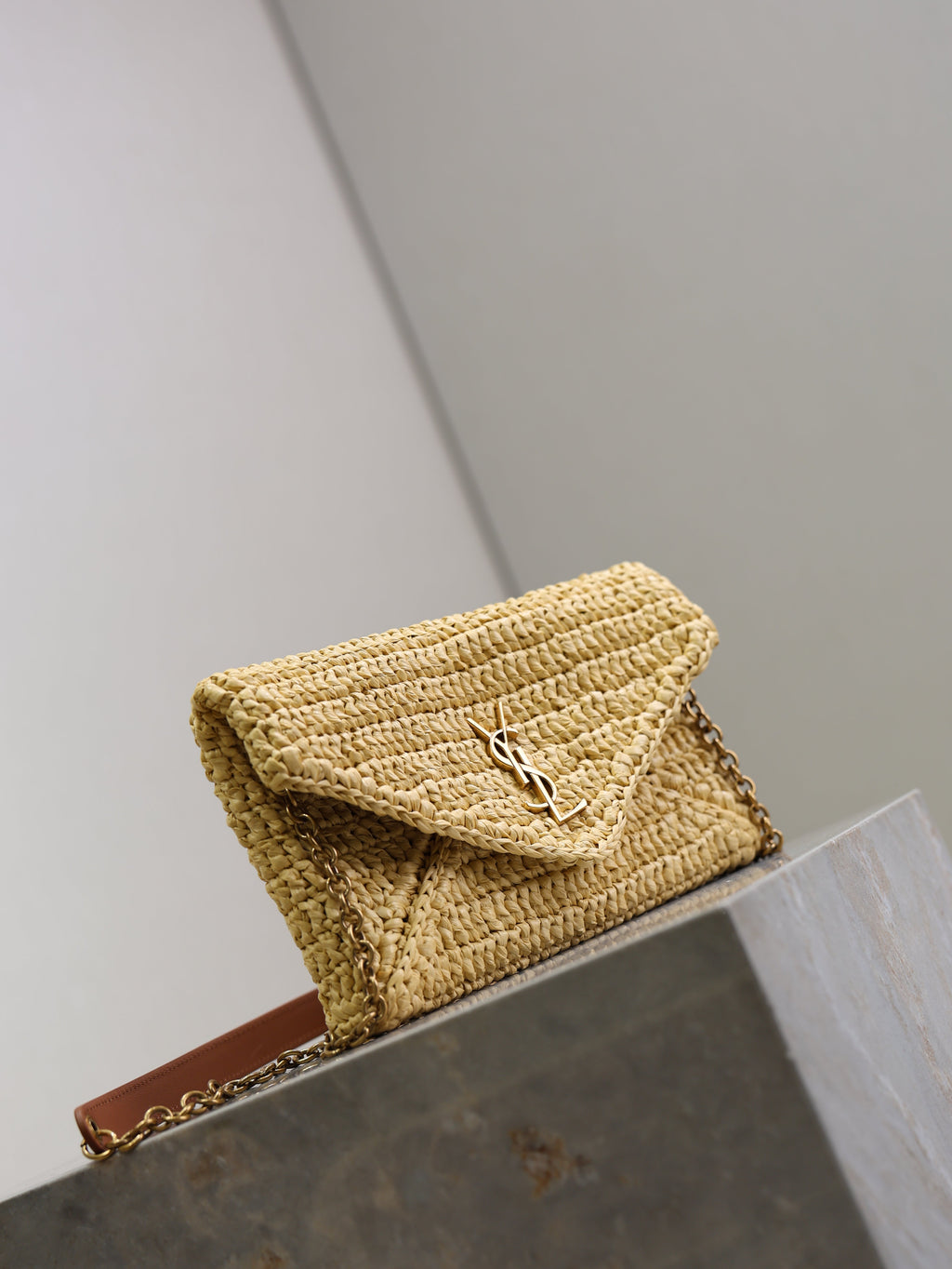SAINT LAURENT YSL 25S CALYPSO BAG 19 IN NATURAL RAFFIA AND CALFSKIN GOLD HARDWARE