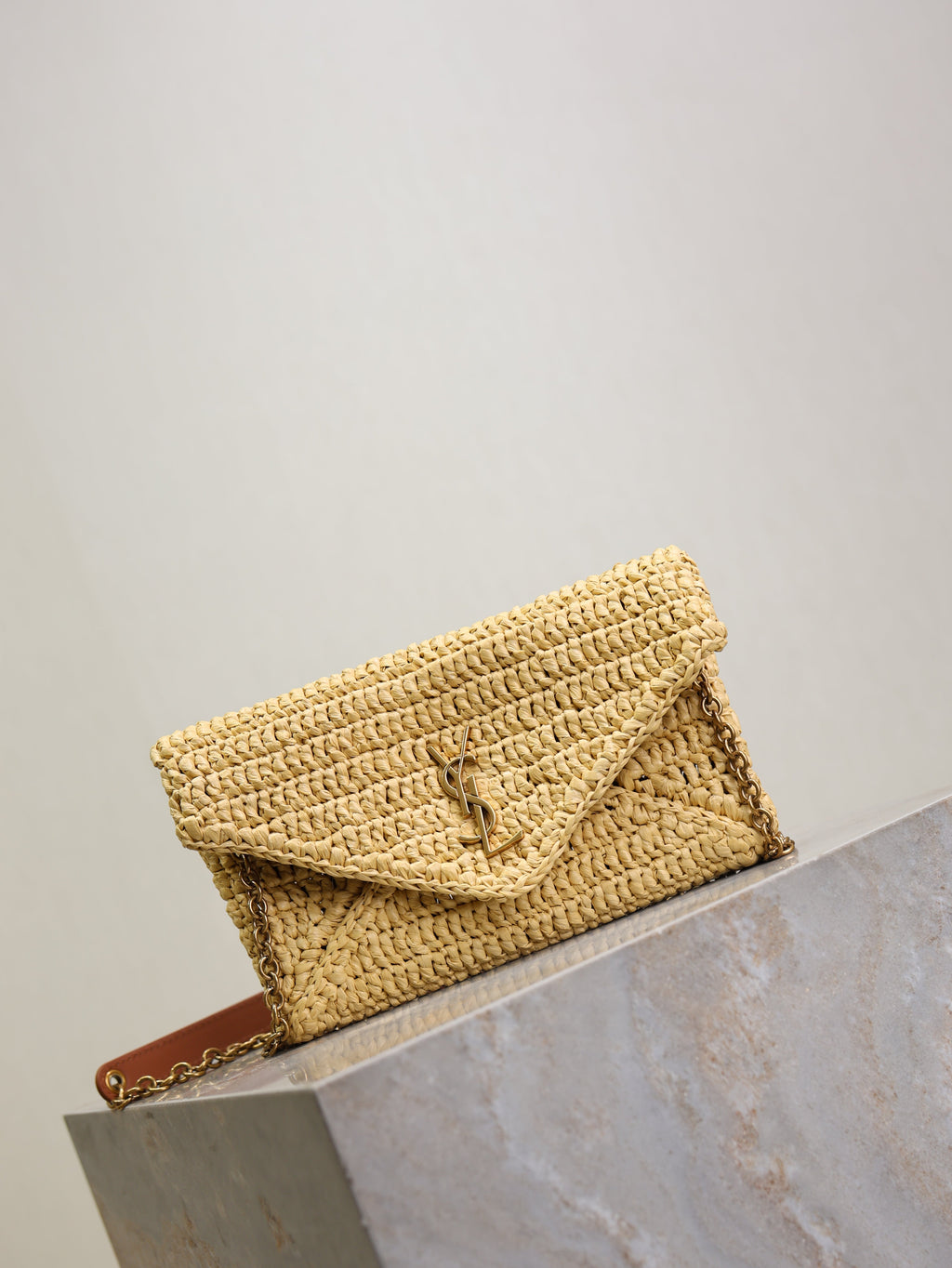 SAINT LAURENT YSL 25S CALYPSO BAG 19 IN NATURAL RAFFIA AND CALFSKIN GOLD HARDWARE