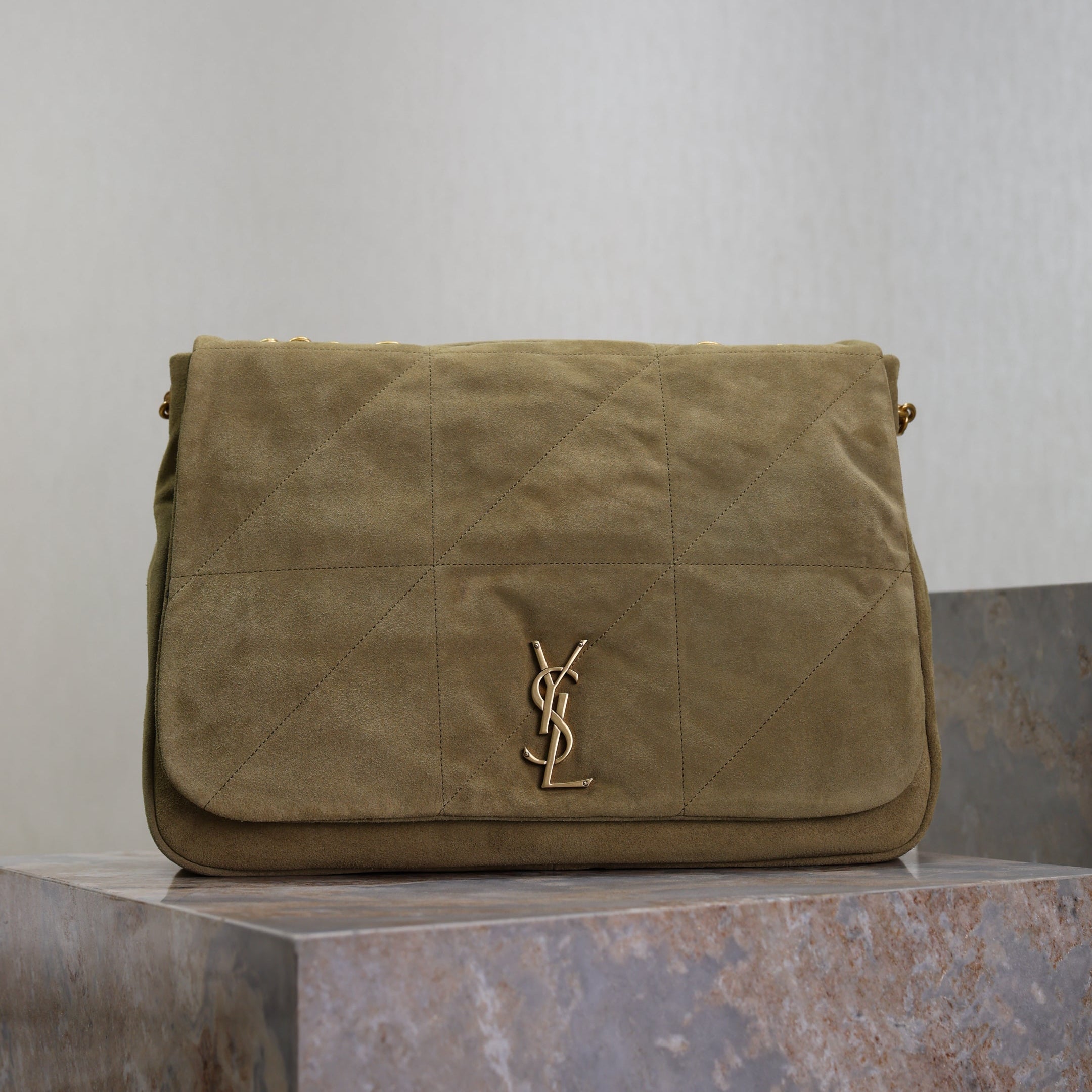 SAINT LAURENT YSL 25S LARGE JAMIE 43 IN MUTED KHAKI SUEDE GOLD HARDWARE