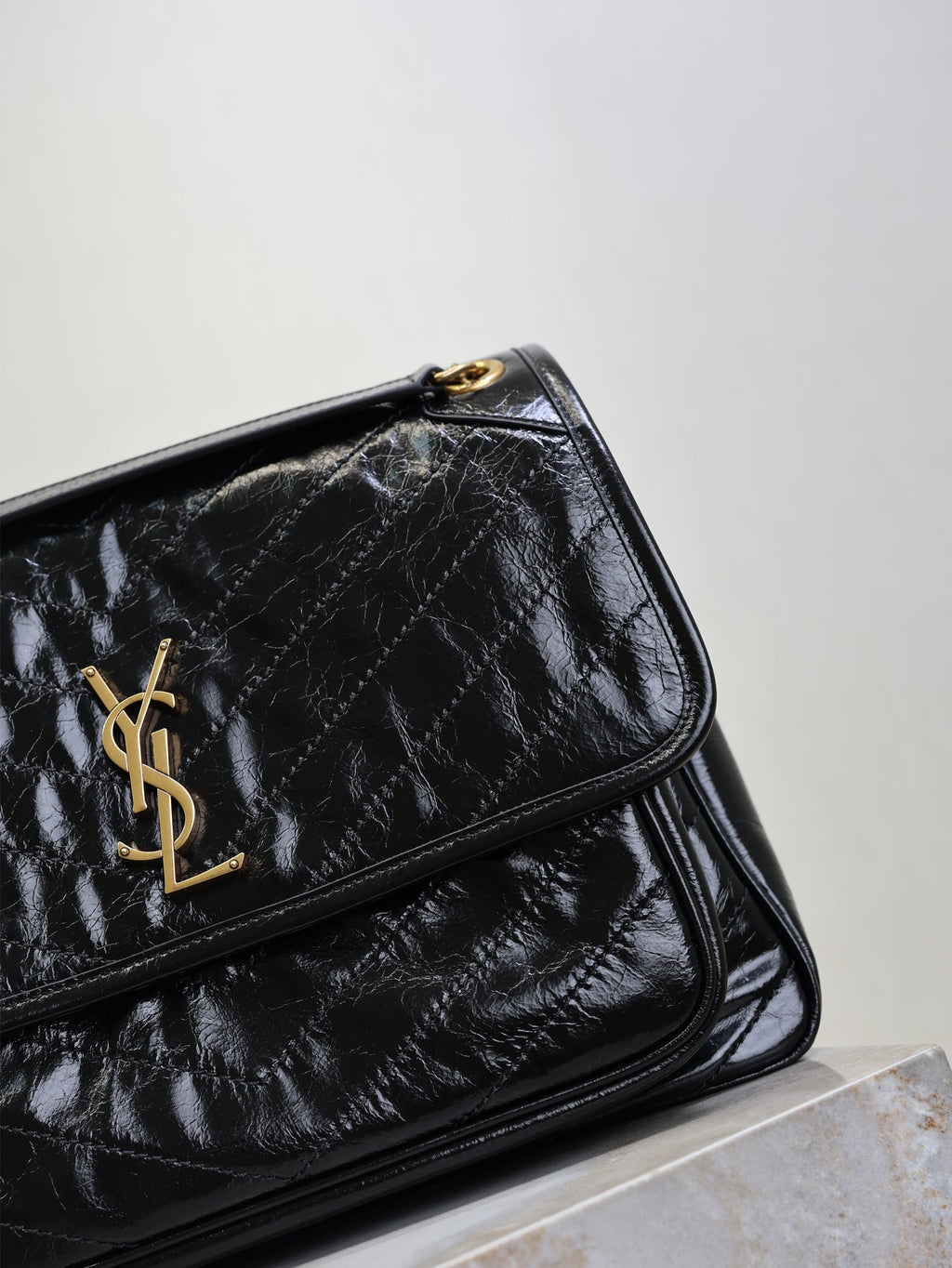 SAINT LAURENT YSL 25S NIKI GM BAG 32 IN BLACK GLOSSY CALFSKIN GOLD HARDWRE