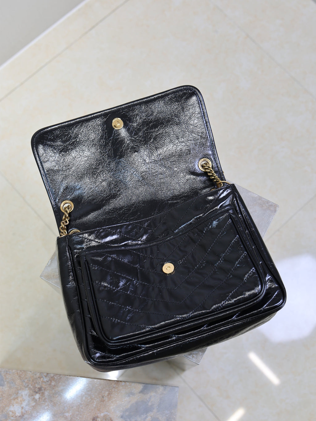 SAINT LAURENT YSL 25S NIKI GM BAG 32 IN BLACK GLOSSY CALFSKIN GOLD HARDWARE