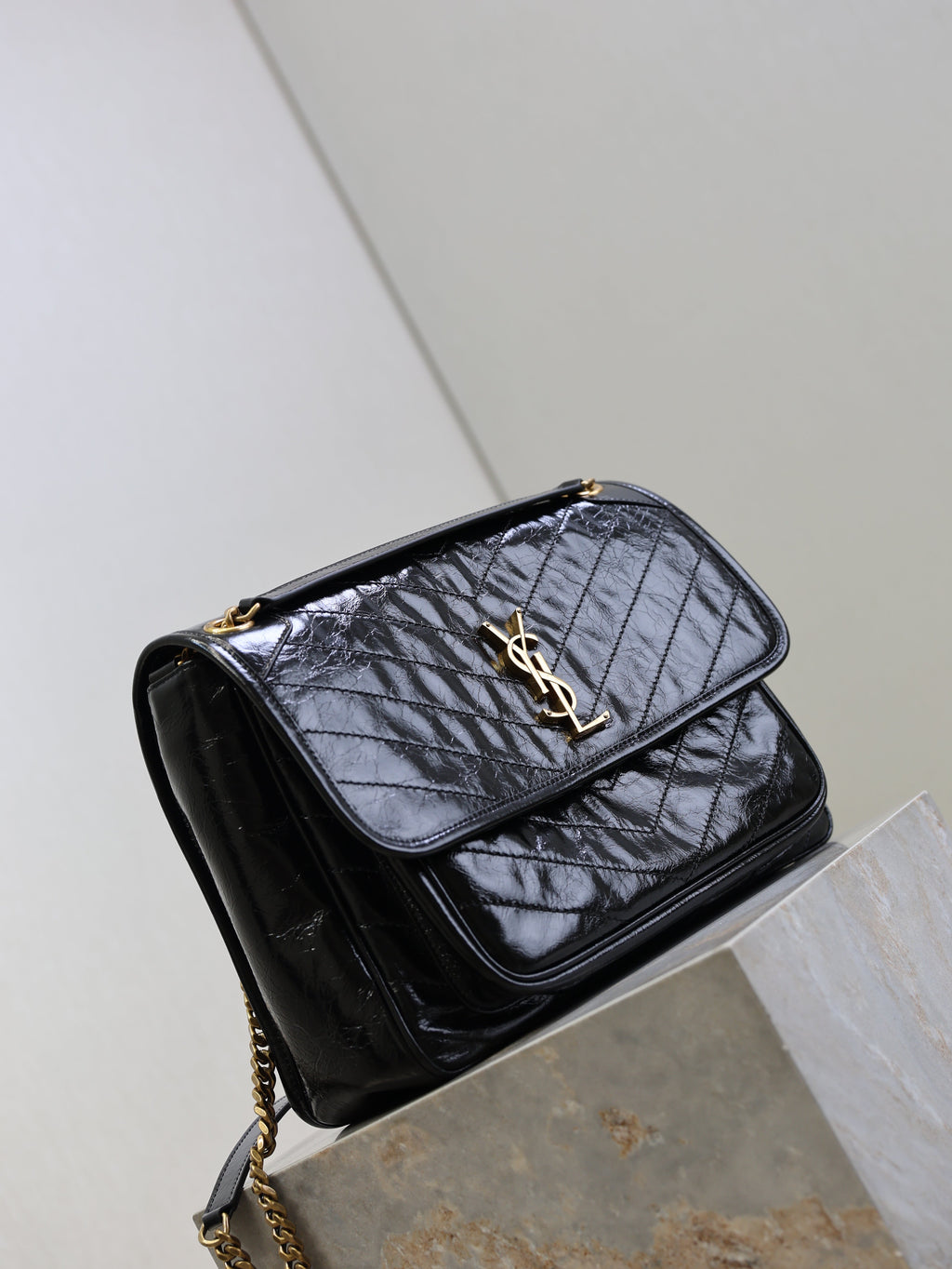 SAINT LAURENT YSL 25S NIKI GM BAG 32 IN BLACK GLOSSY CALFSKIN GOLD HARDWARE