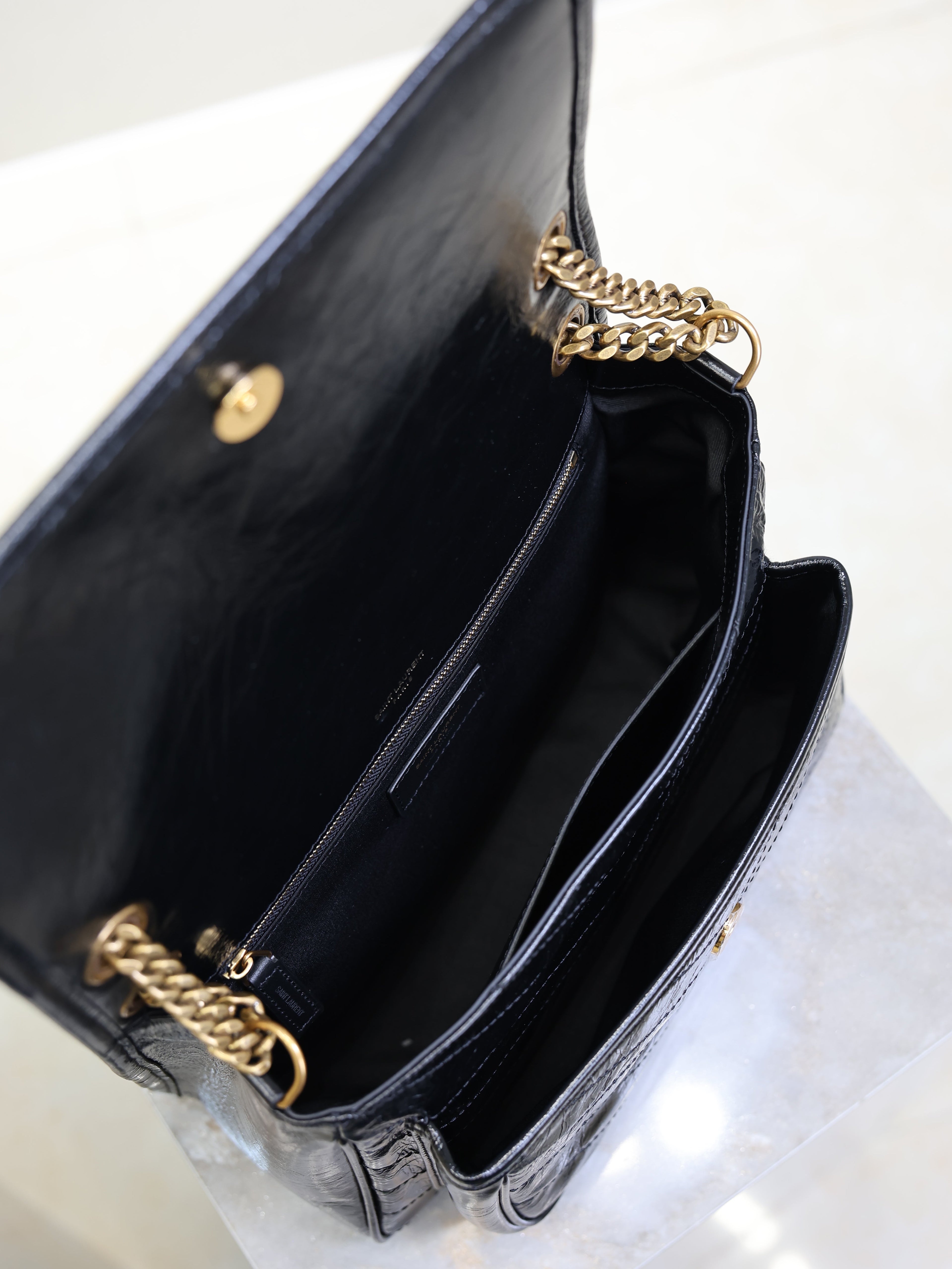 SAINT LAURENT YSL 25S NIKI MM BAG 28 IN BLACK GLOSSY CALFSKIN GOLD HARDWARE