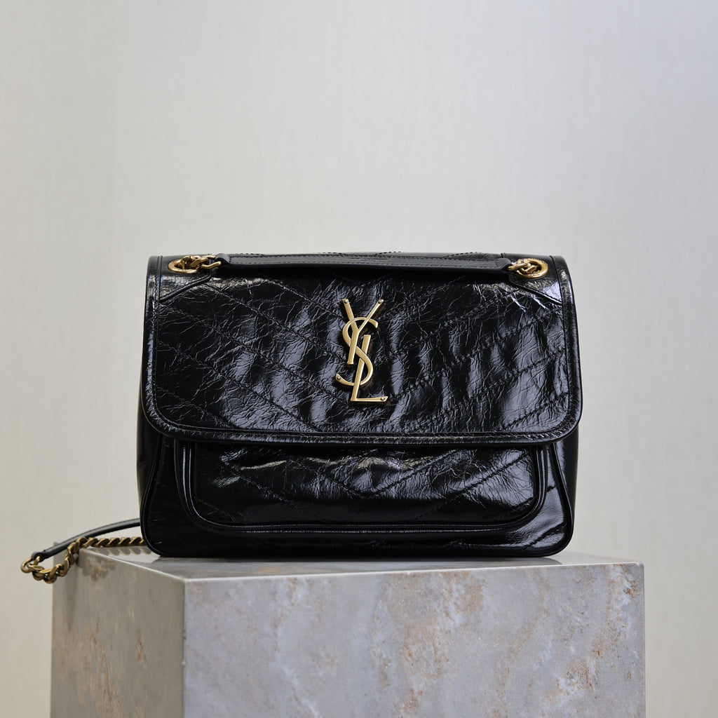 SAINT LAURENT YSL 25S NIKI MM BAG 28 IN BLACK GLOSSY CALFSKIN GOLD HARDWARE