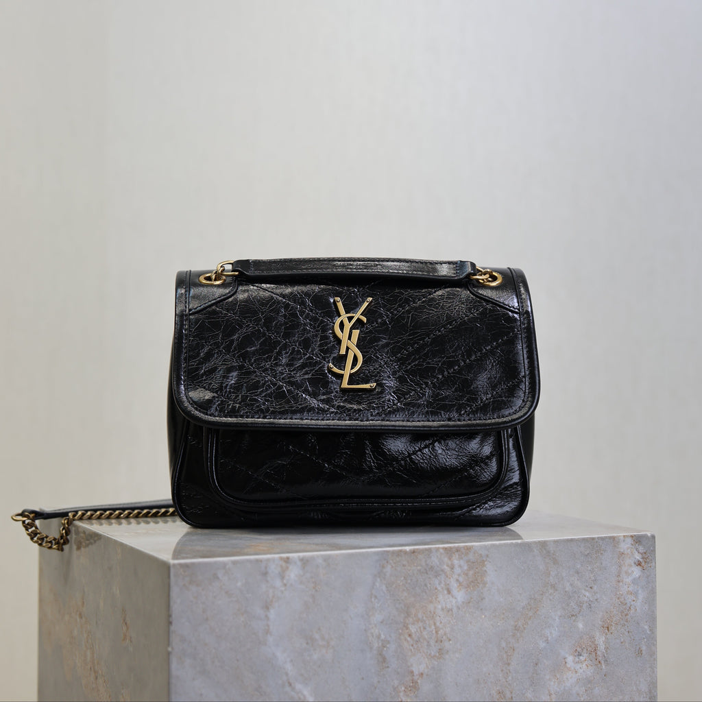 SAINT LAURENT YSL 25S NIKI BAG 22 IN BLACK GLOSSY CALFSKIN GOLD HARDWARE