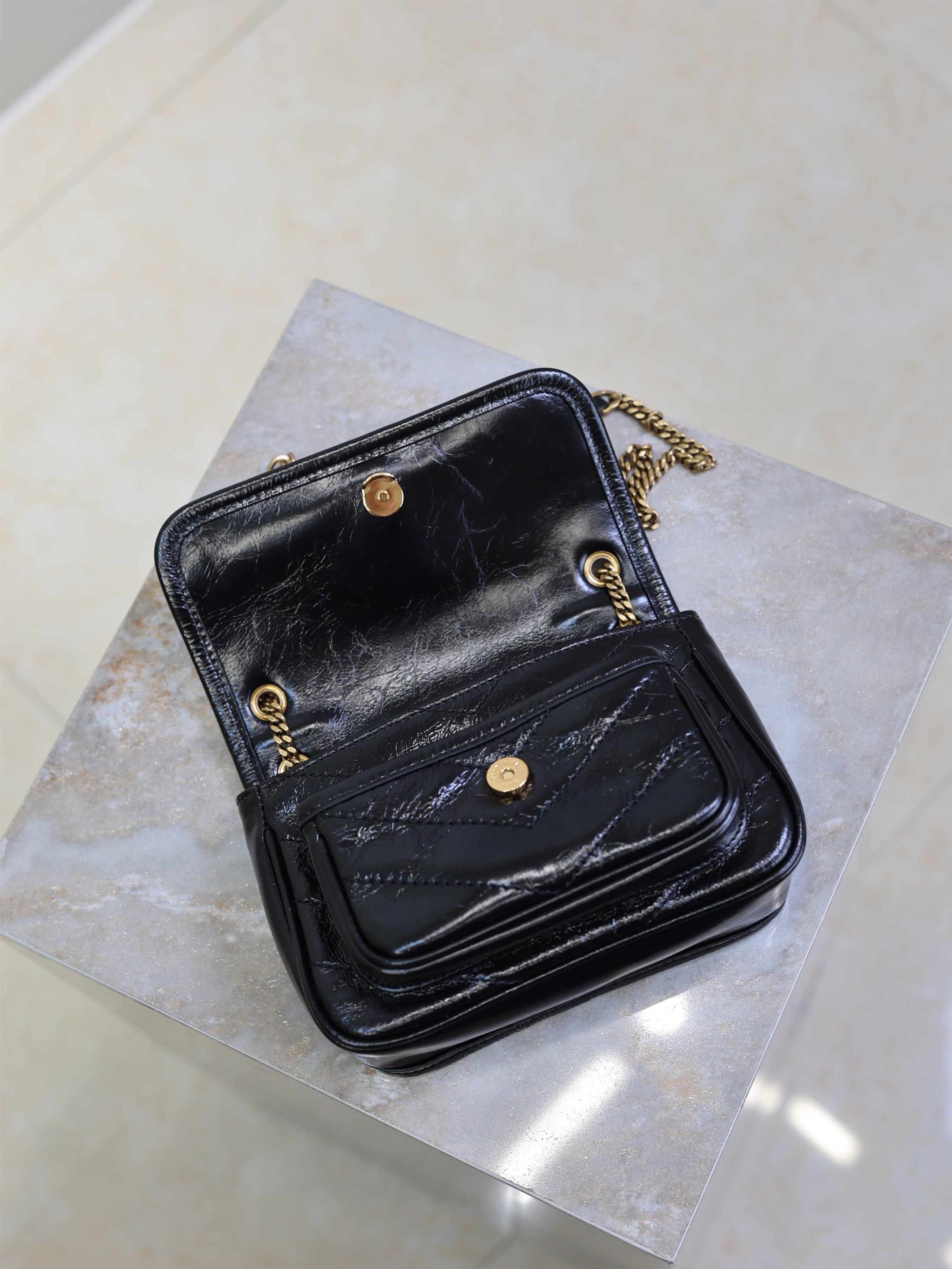 SAINT LAURENT YSL 25S NIKI BAG 18 IN BLACK GLOSSY CALFSKIN GOLD HARDWRE