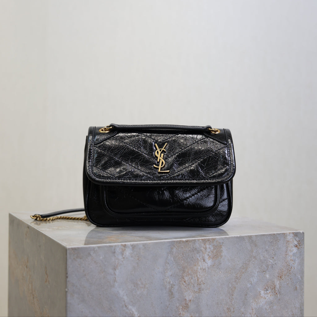 SAINT LAURENT YSL 25S NIKI BAG 18 IN BLACK GLOSSY CALFSKIN GOLD HARDWRE