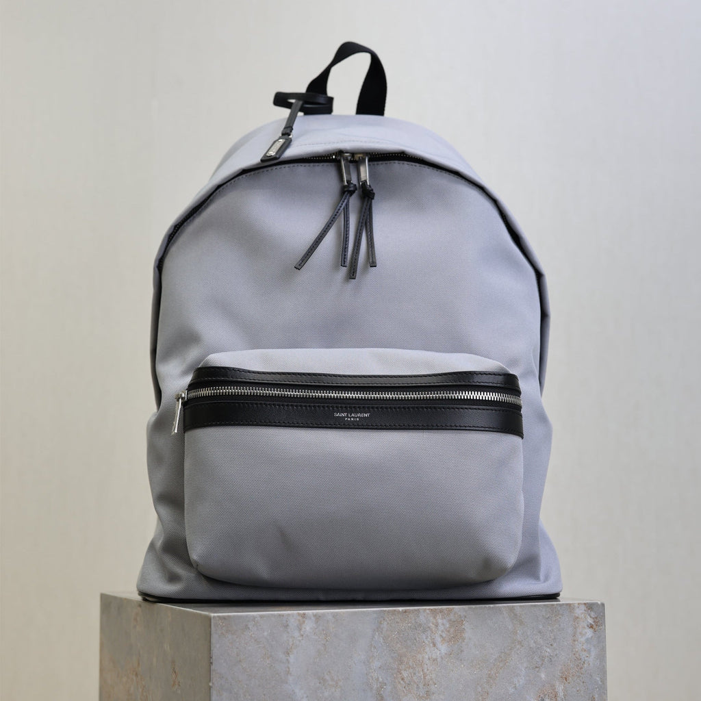 SAINT LAURENT YSL 25S CITY BACKPACK 38 IN SLATE GRAY CANVAS AND CALFSKIN