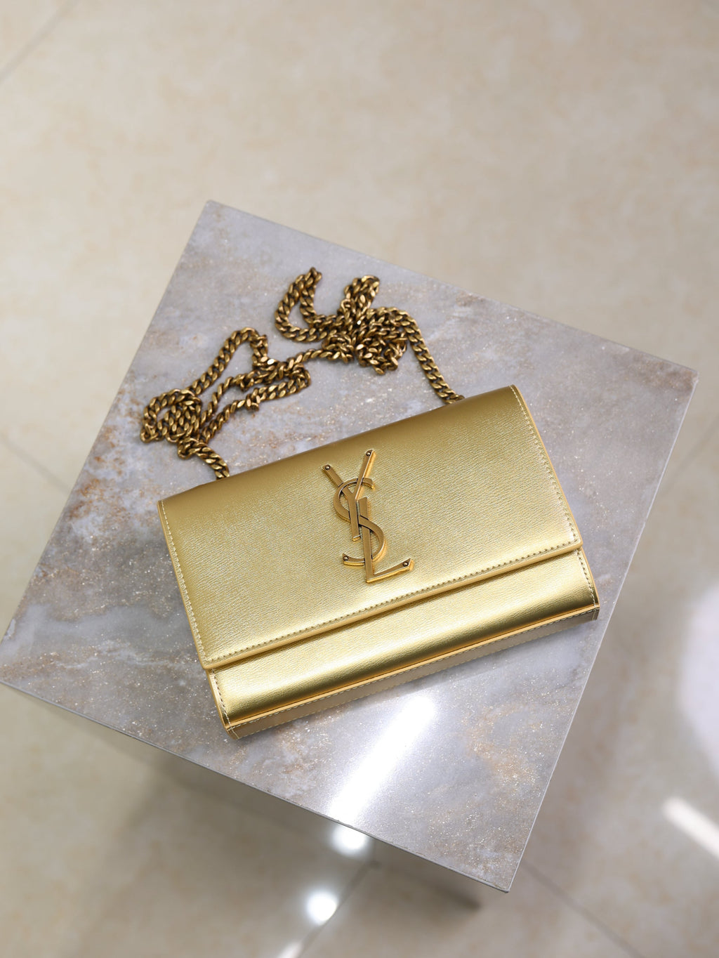 SAINT LAURENT YSL 25S KATE BAG 20 IN GOLD METALLIC CALFSKIN GOLD HARDWARE