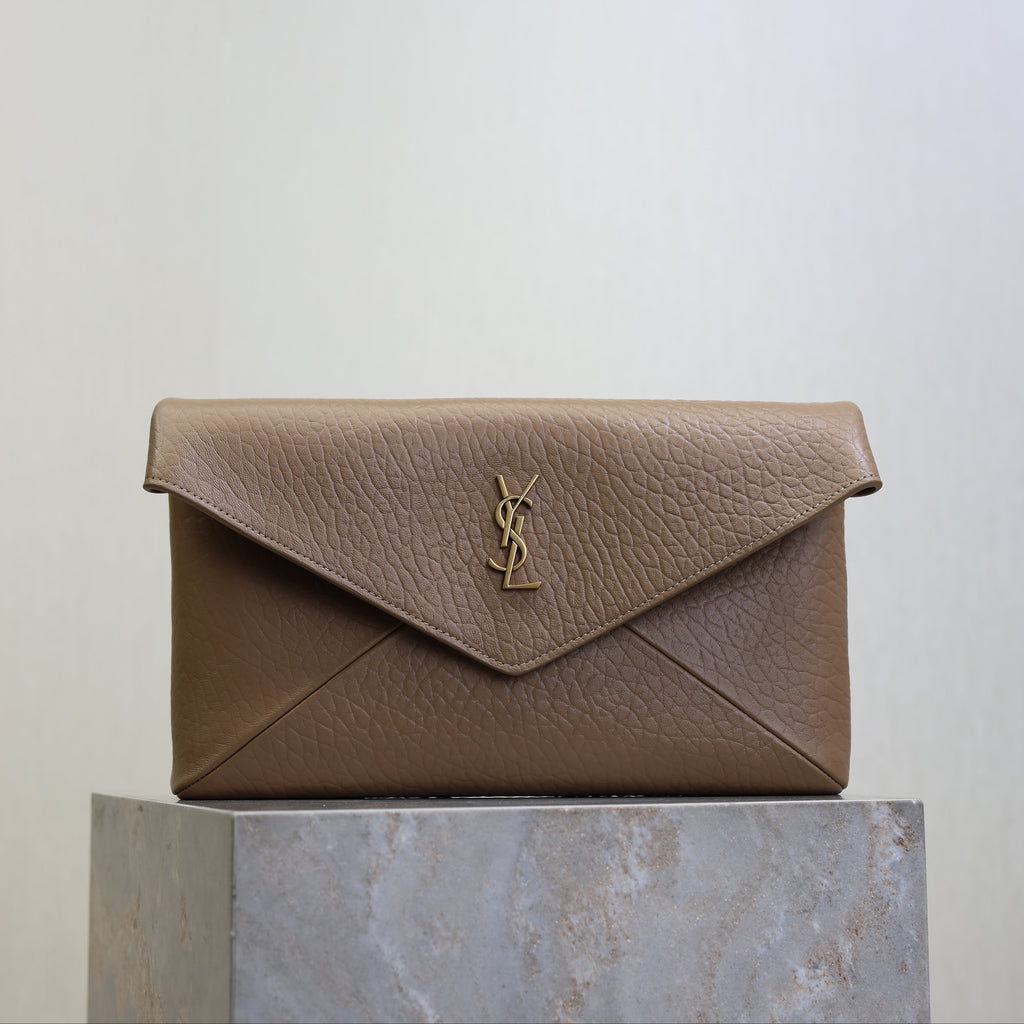 SAINT LAURENT YSL 25S CASSANDRE LARGE ENVELOPE POUCH 29 IN DARK TAUPE CALFSKIN GOLD HARDWARE