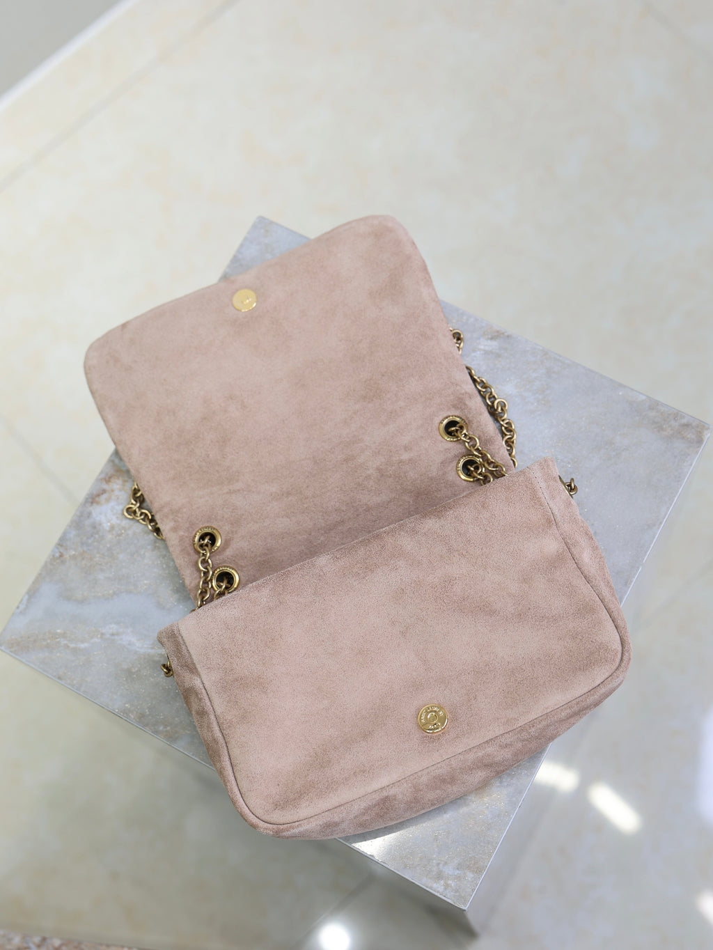 SAINT LAURENT YSL 25S JAMIE 4.3 MINI 20 IN DUSTY ROSE BEIGE SUEDE GOLD HARDWARE