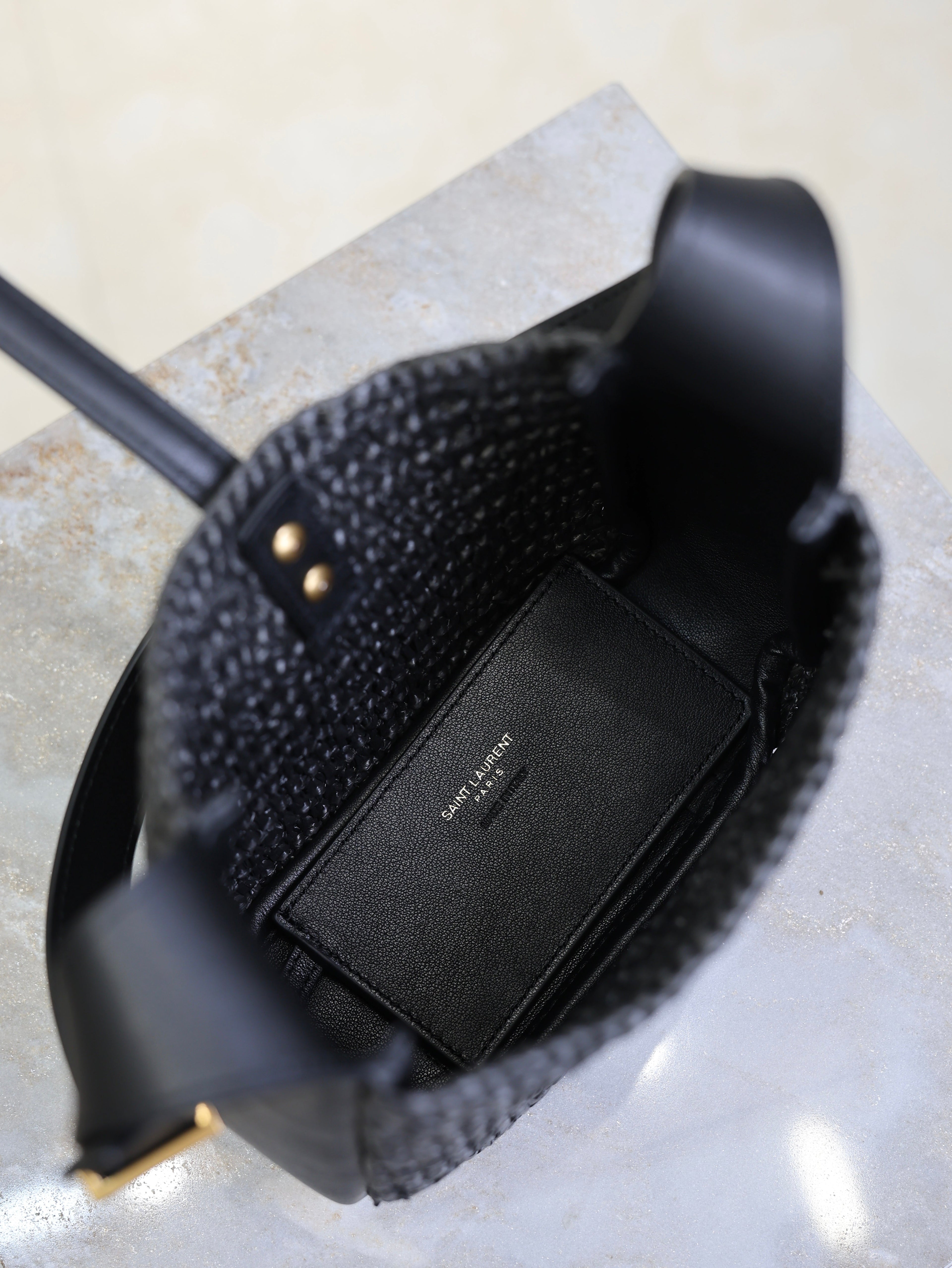 SAINT LAURENT YSL 25S LE 5 À 7 SUPPLE SMALL 16 IN BLACK RAFFIA AND LEATHER GOLD HARDWARE