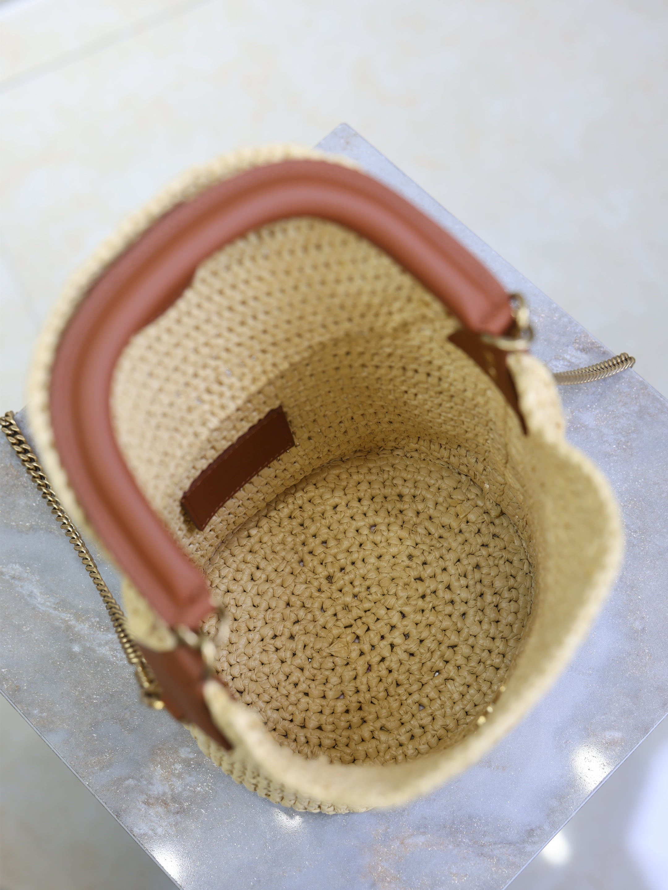 SAINT LAURENT YSL 25S GABY BUCKET BAG 19 IN RAFFIA AND CALFSKIN GOLD HARDWRE
