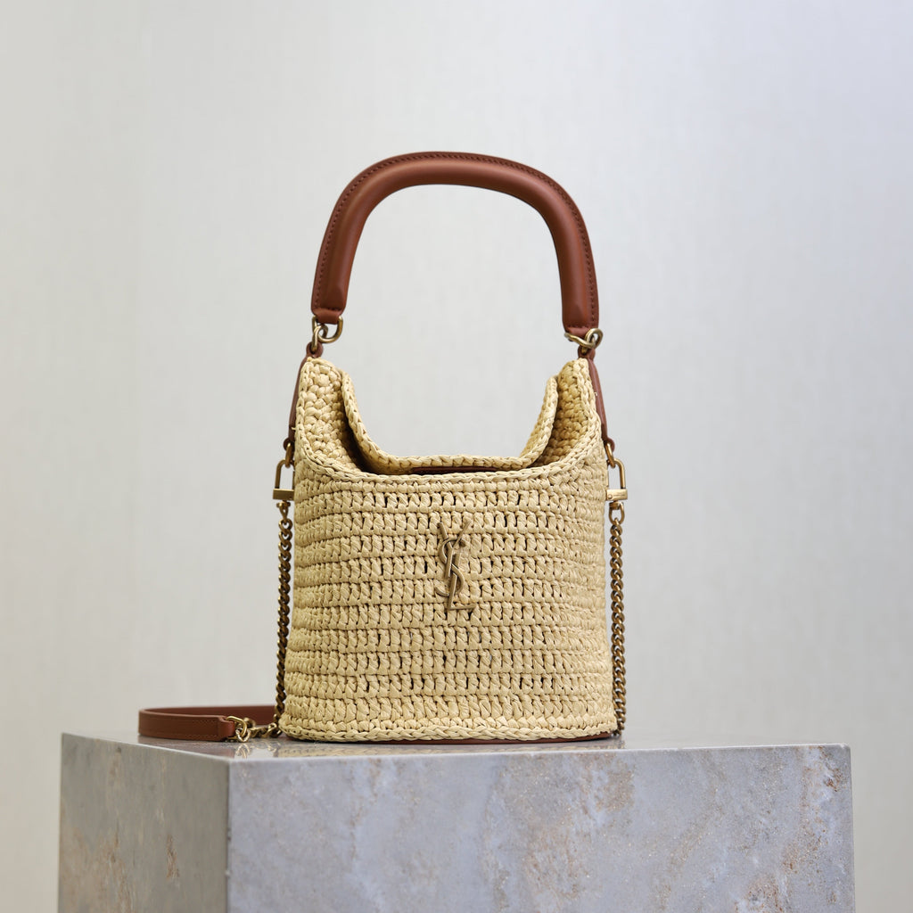 SAINT LAURENT YSL 25S GABY BUCKET BAG 19 IN RAFFIA AND CALFSKIN GOLD HARDWRE