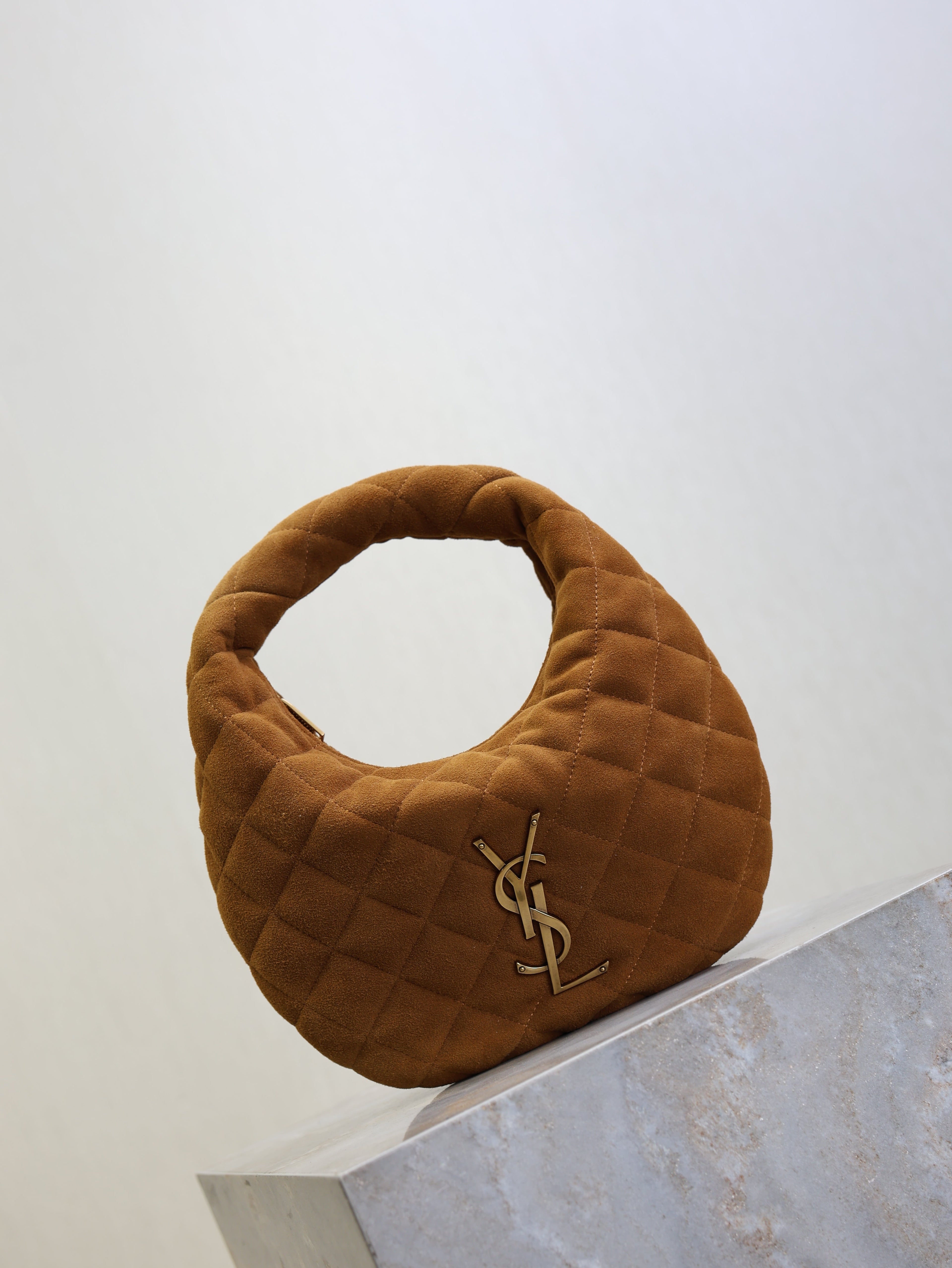 SAINT LAURENT YSL 25S ICARINO MINI 17 IN CARAMEL QUILTED SUEDE GOLD HARDWARE