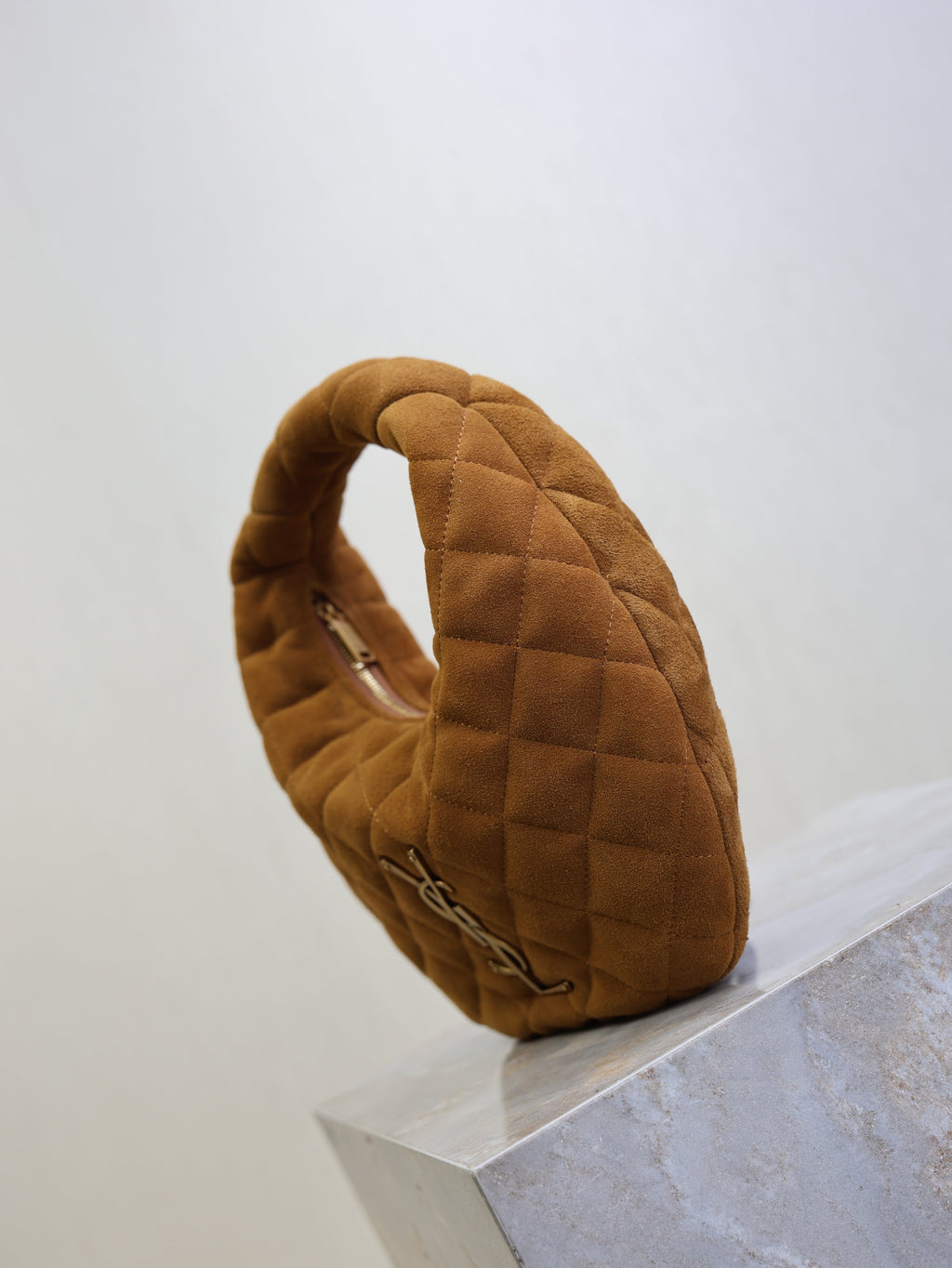 SAINT LAURENT YSL 25S ICARINO MINI 17 IN CARAMEL QUILTED SUEDE GOLD HARDWARE