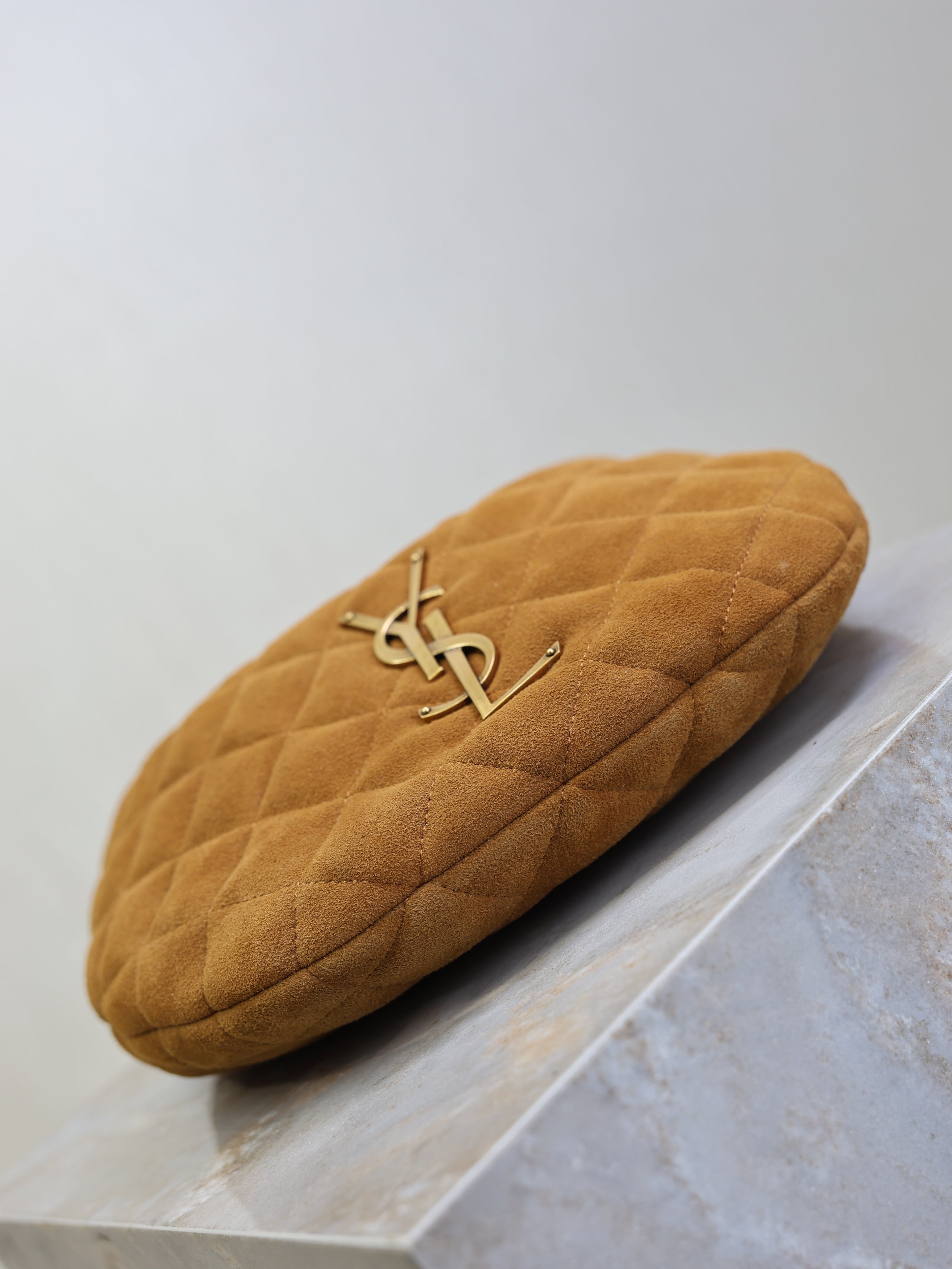SAINT LAURENT YSL 25S ICARINO MINI 17 IN CARAMEL QUILTED SUEDE GOLD HARDWRE