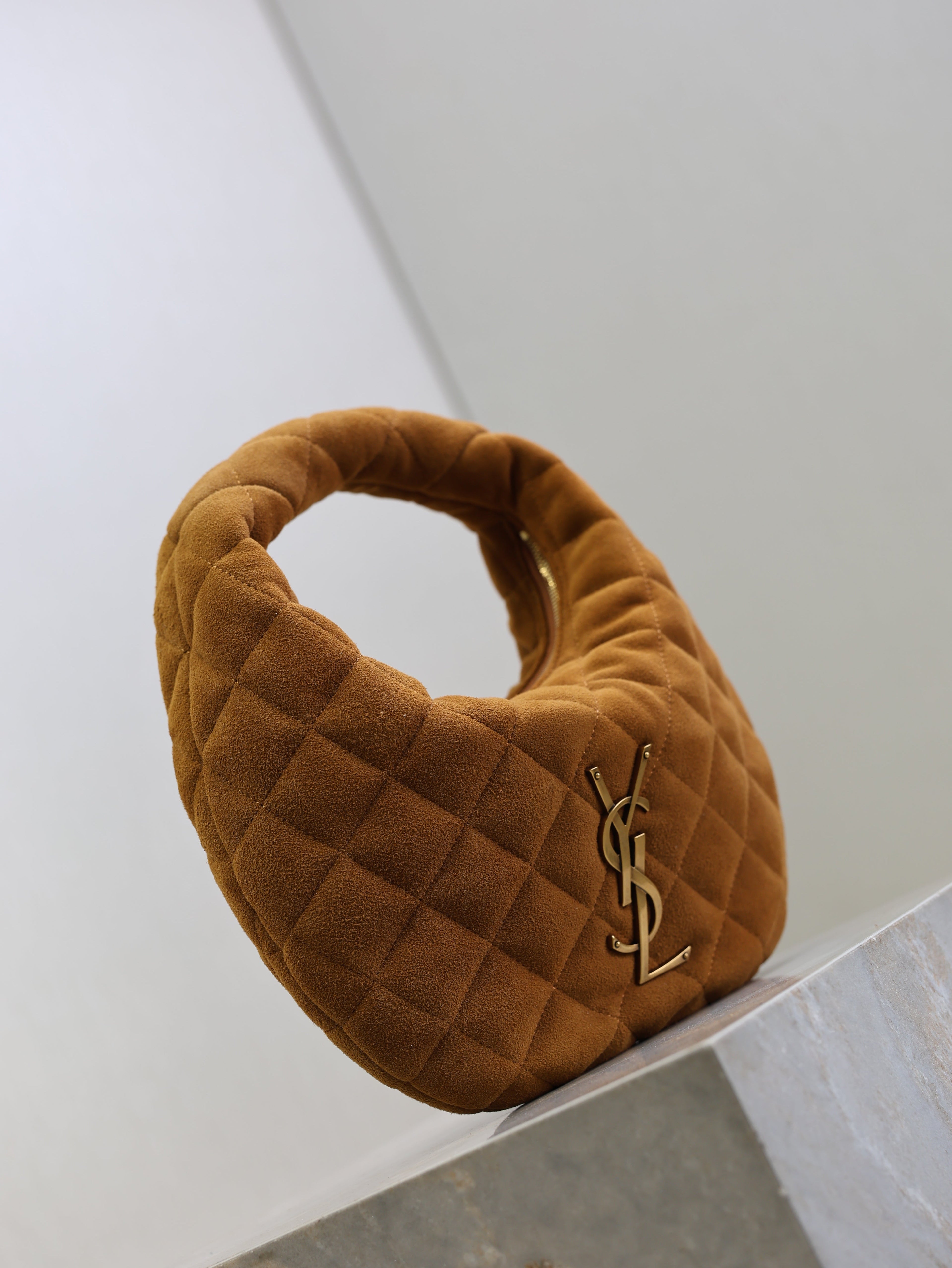SAINT LAURENT YSL 25S ICARINO MINI 17 IN CARAMEL QUILTED SUEDE GOLD HARDWARE