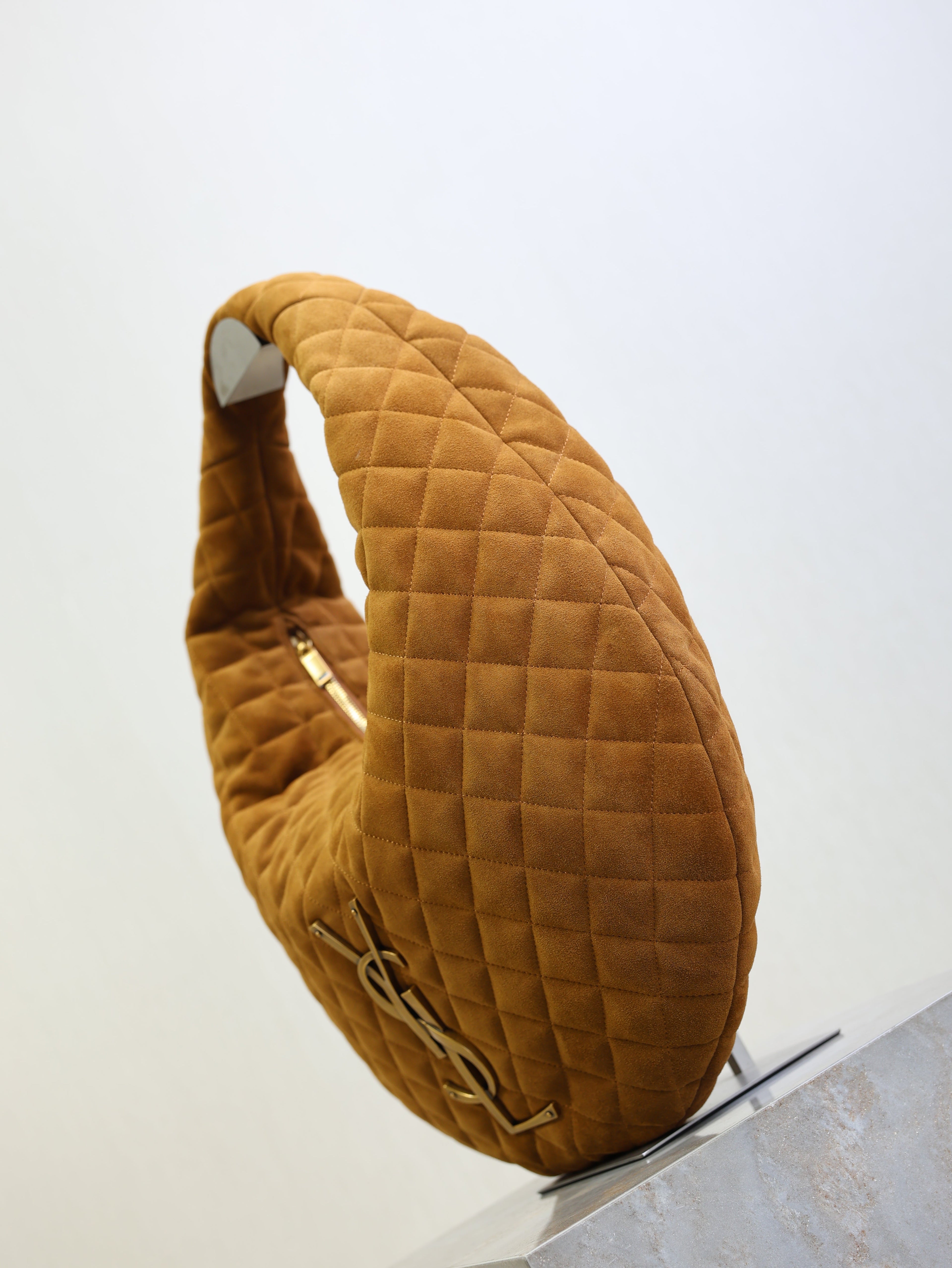 SAINT LAURENT YSL 25S ICARINO 44 IN CARAMEL QUILTED SUEDE GOLD HARDWARE