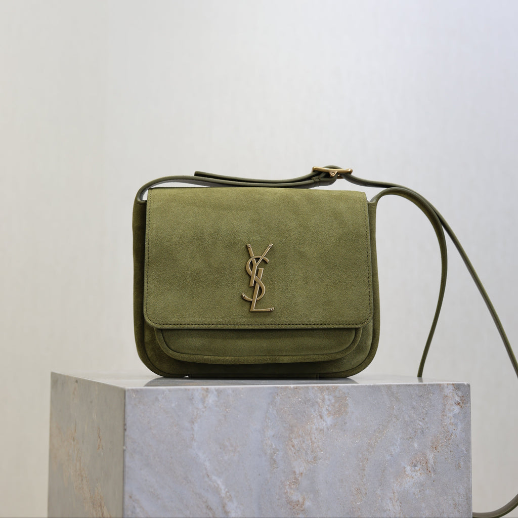 SAINT LAURENT YSL 25S NIKI SATCHEL 22 IN BARLEY GREEN SUEDE GOLD HARDWRE