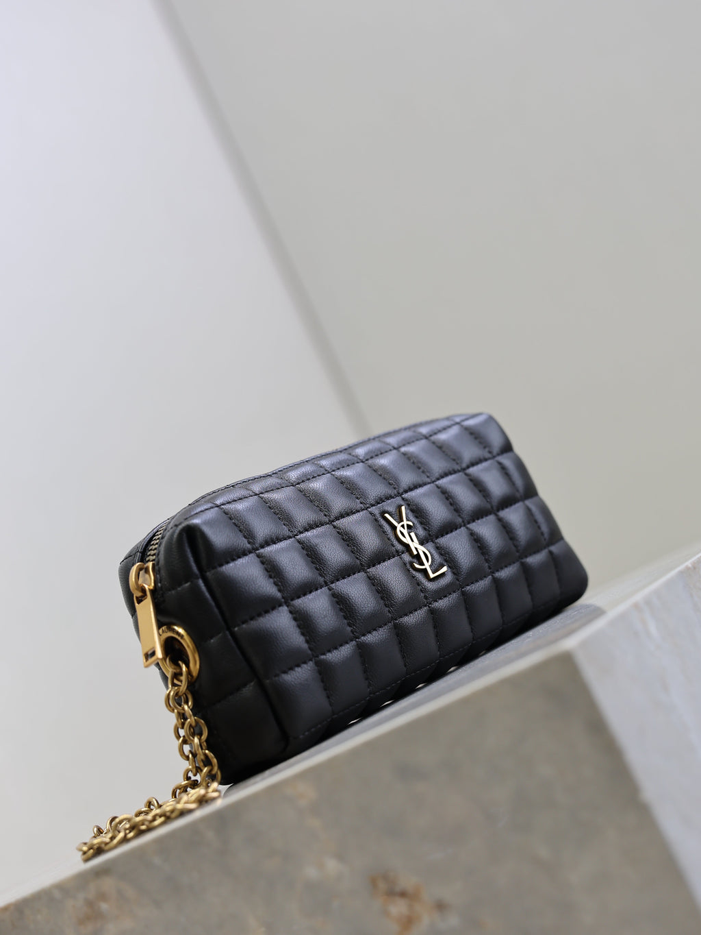 SAINT LAURENT YSL 25S CASSANDRE MATELASSÉ CARRÉ POUCH ON CHAIN 18 IN BLACK LAMBSKIN
