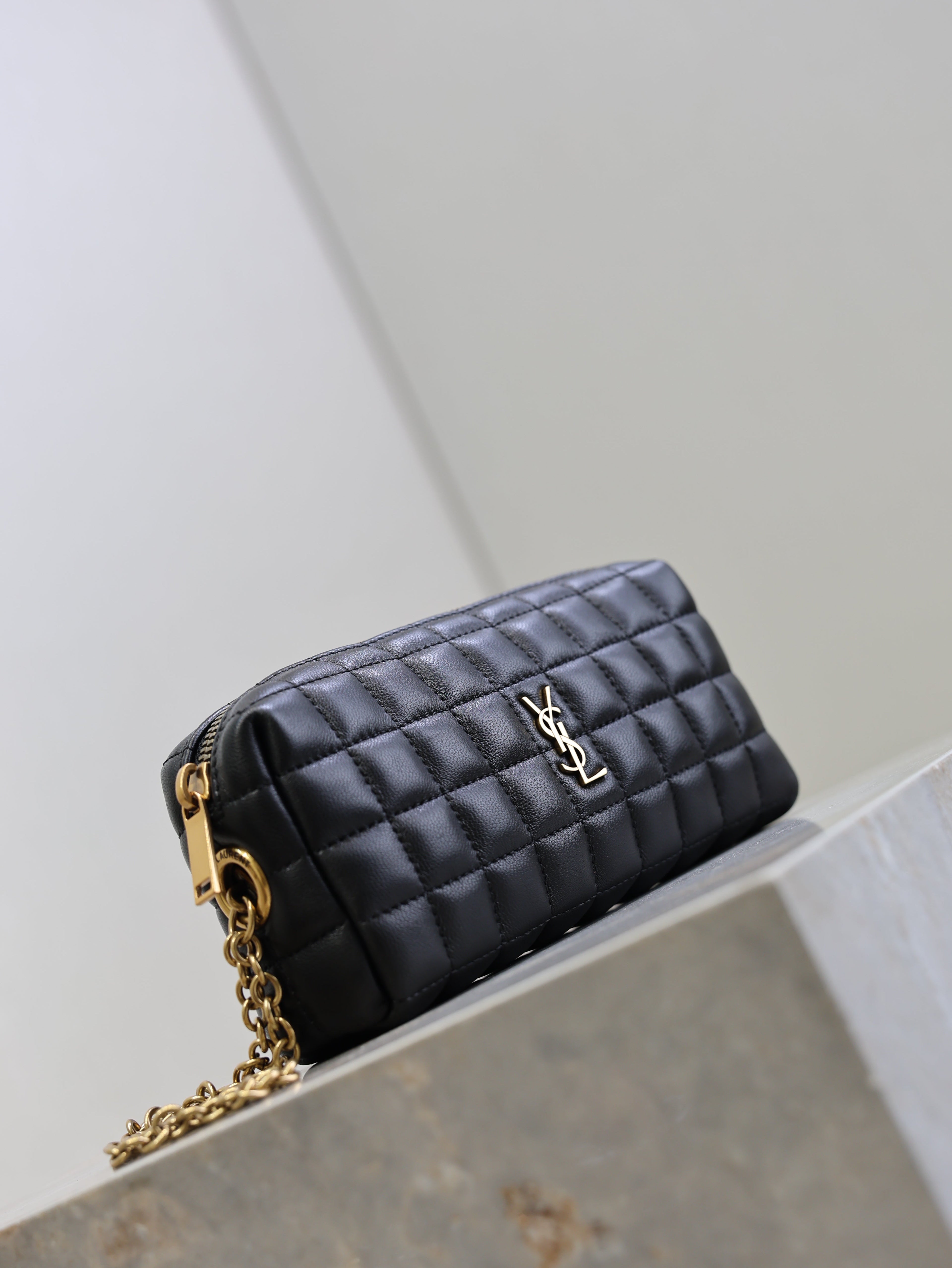 SAINT LAURENT YSL 25S CASSANDRE MATELASSÉ CARRÉ POUCH ON CHAIN 18 IN BLACK LAMBSKIN