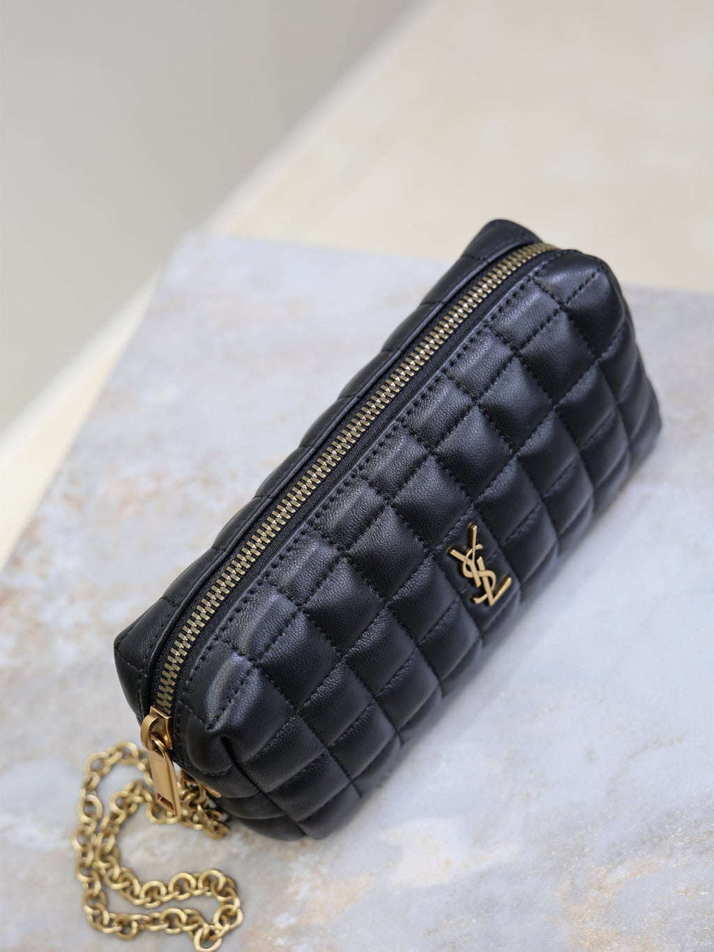 SAINT LAURENT YSL 25S CASSANDRE MATELASSÉ CARRÉ POUCH ON CHAIN 18 IN BLACK LAMBSKIN