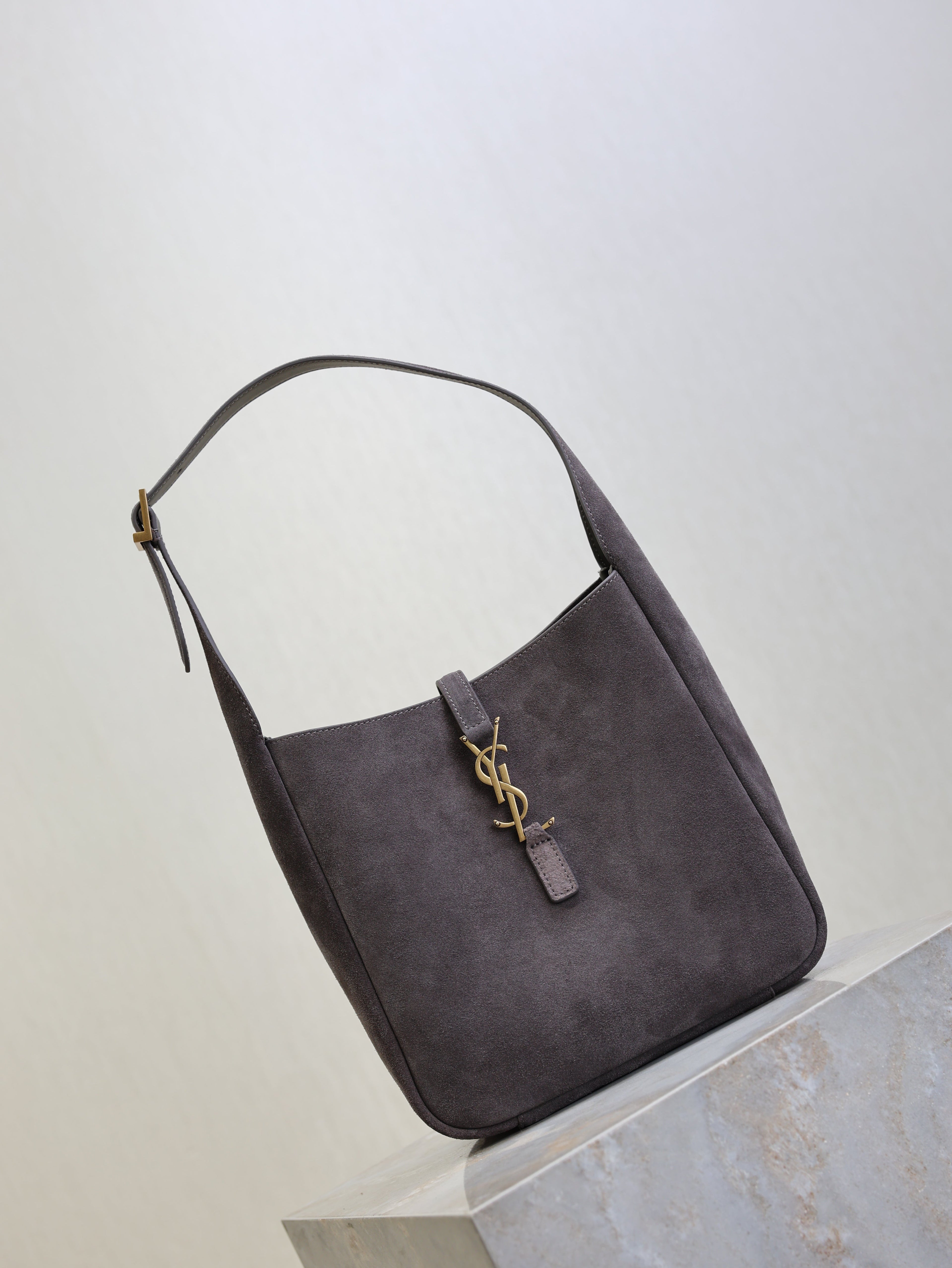 SAINT LAURENT YSL 25S LE 5 À 7 SUPPLE SMALL 23 IN DARK GRAY SUEDE GOLD HARDWARE