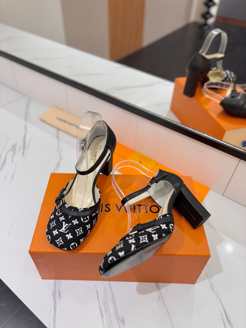 LOUIS VUITTON HIGH SANDALS 8 CM IN BLACK MONOGRAM DENIM AND CALFSKIN